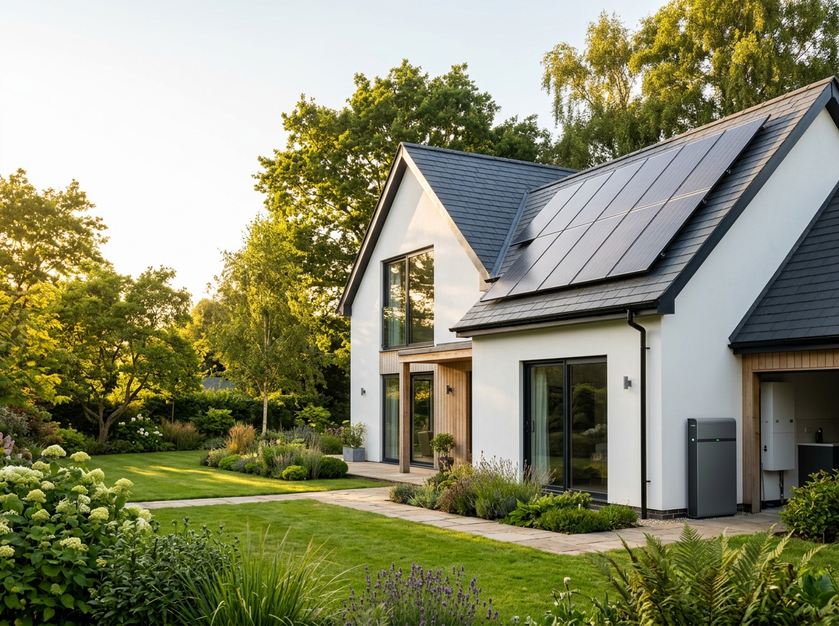 Modern house with solar panels on roof, large windows, surrounded by lush green lawn and garden, during daytime.