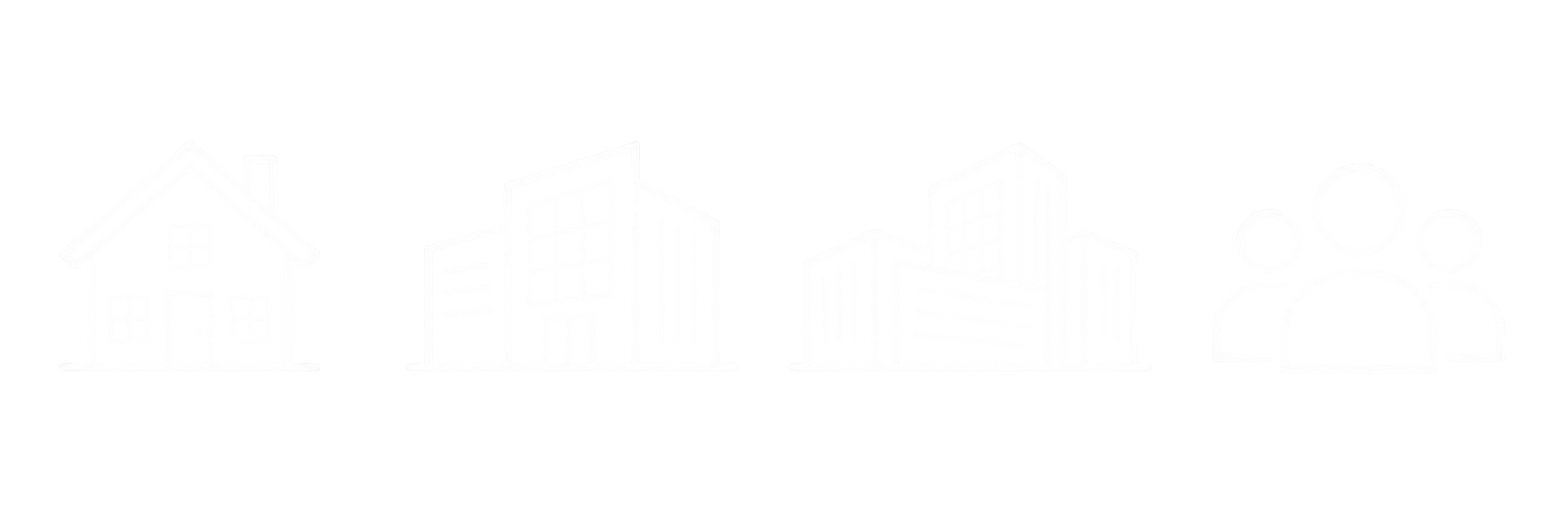 Line drawing of four different buildings, from a house to a skyscraper, with a decorative arch on the right.