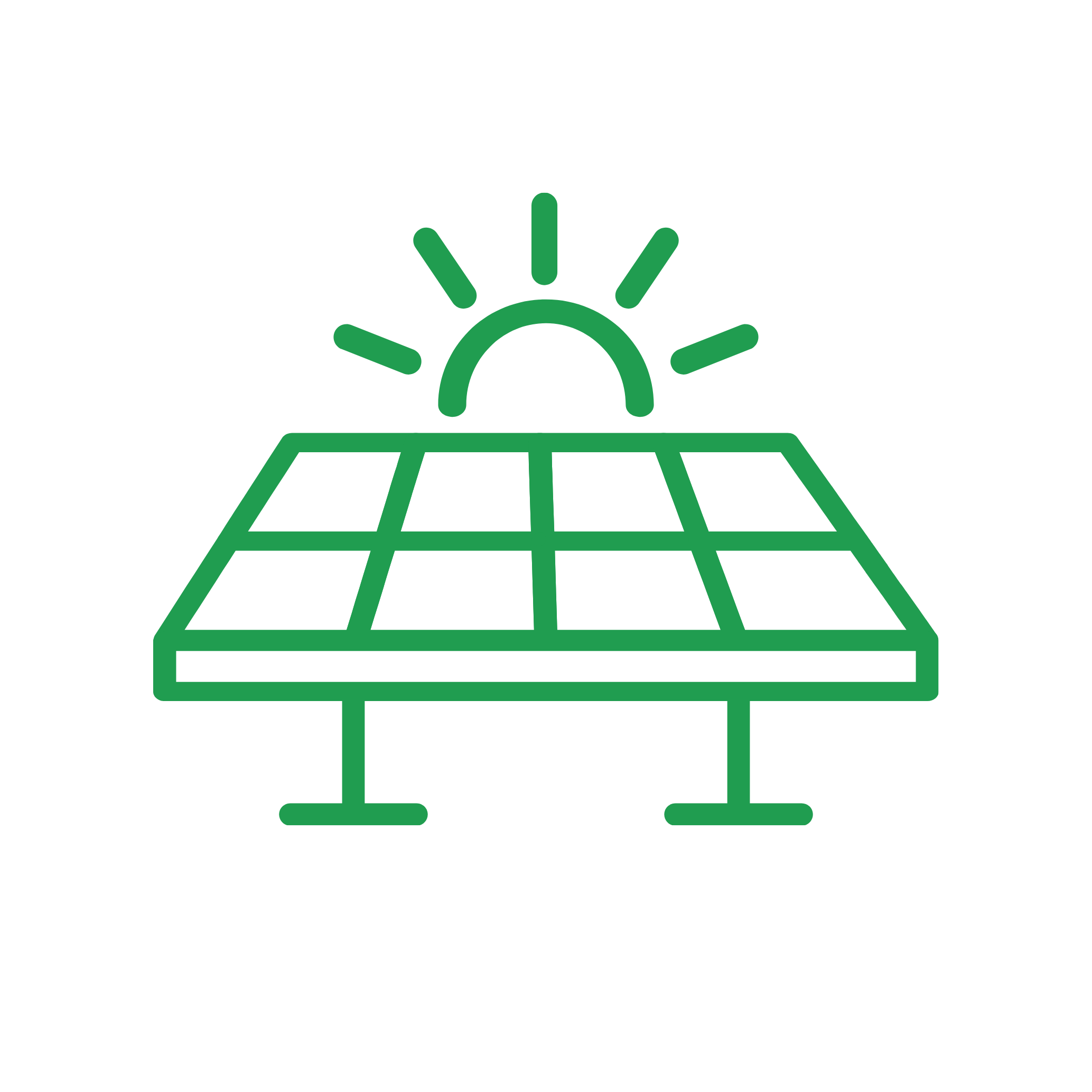 Icon of a sunrise above a horizon with solar panels in the foreground.