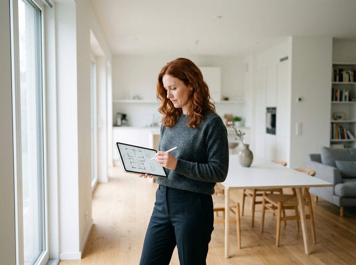 A woman with red hair in a dark sweater and black pants standing near a large window in a modern, bright kitchen. She is holding and writing on a digital tablet with a stylus.