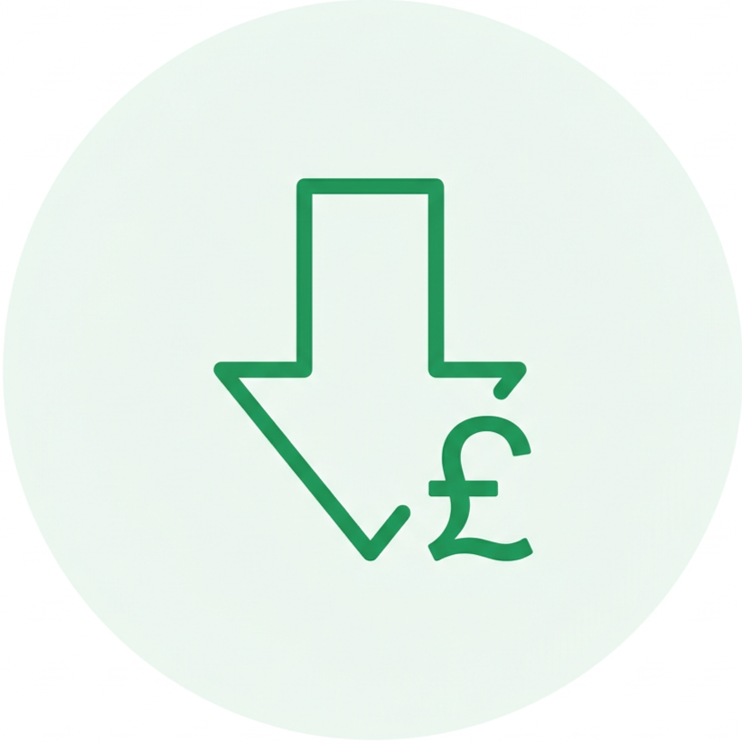 Green downward arrow with British pound symbol (£) in the bottom right, inside a light circular background.