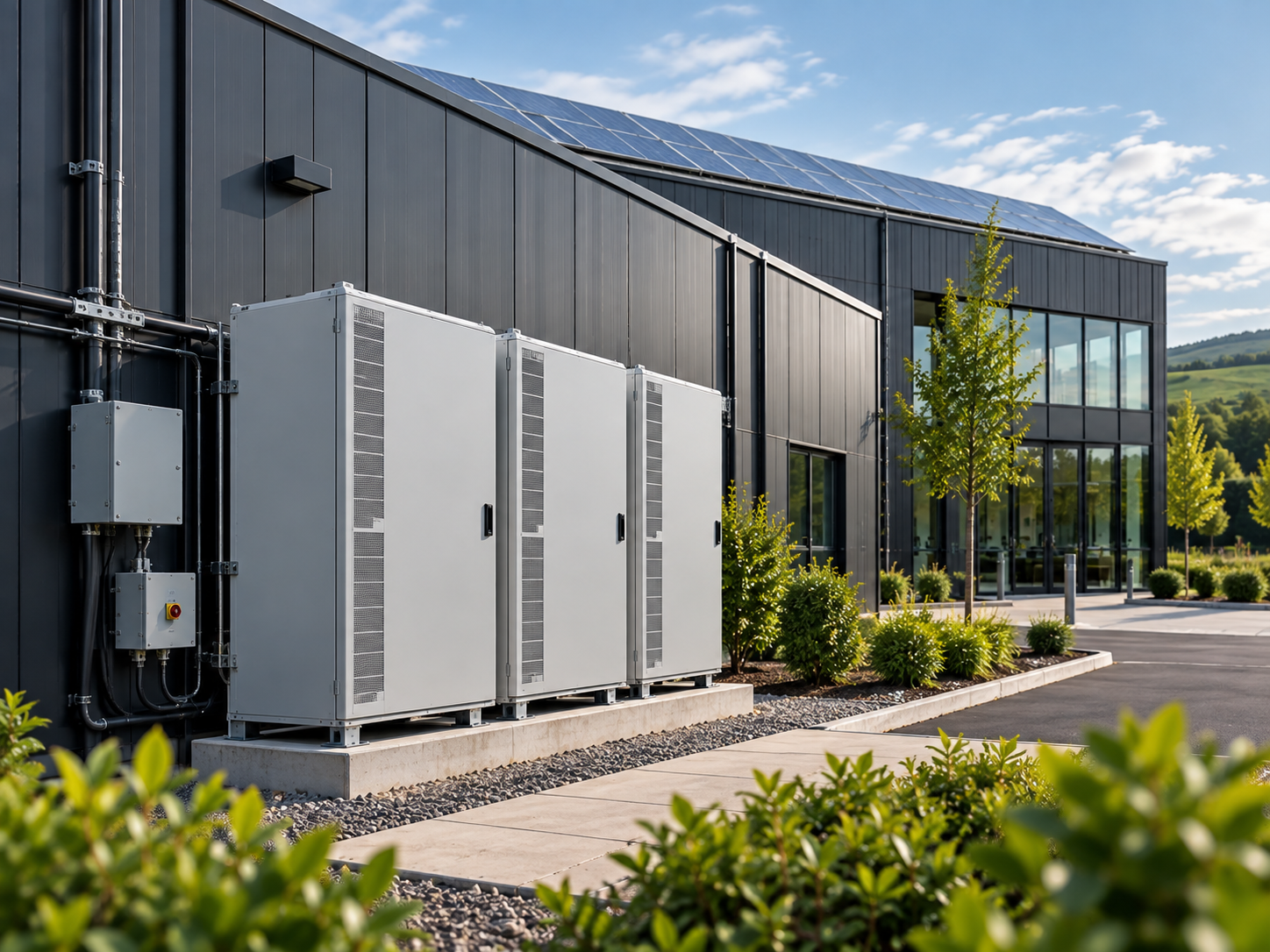 Modern commercial building with solar panels on the roof, surrounded by landscaped greenery and an outdoor electrical system units.