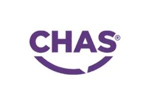 Chas logo in purple with a curved line beneath the text.