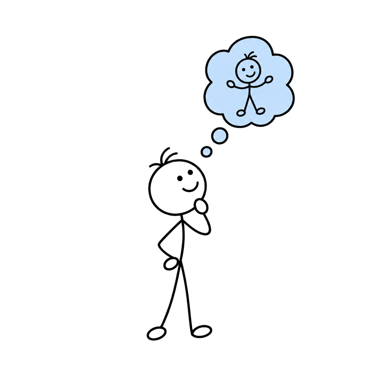Stick figure thinking about someone they care about, illustrated in The Kindness Envelope’s simple hand-drawn style.