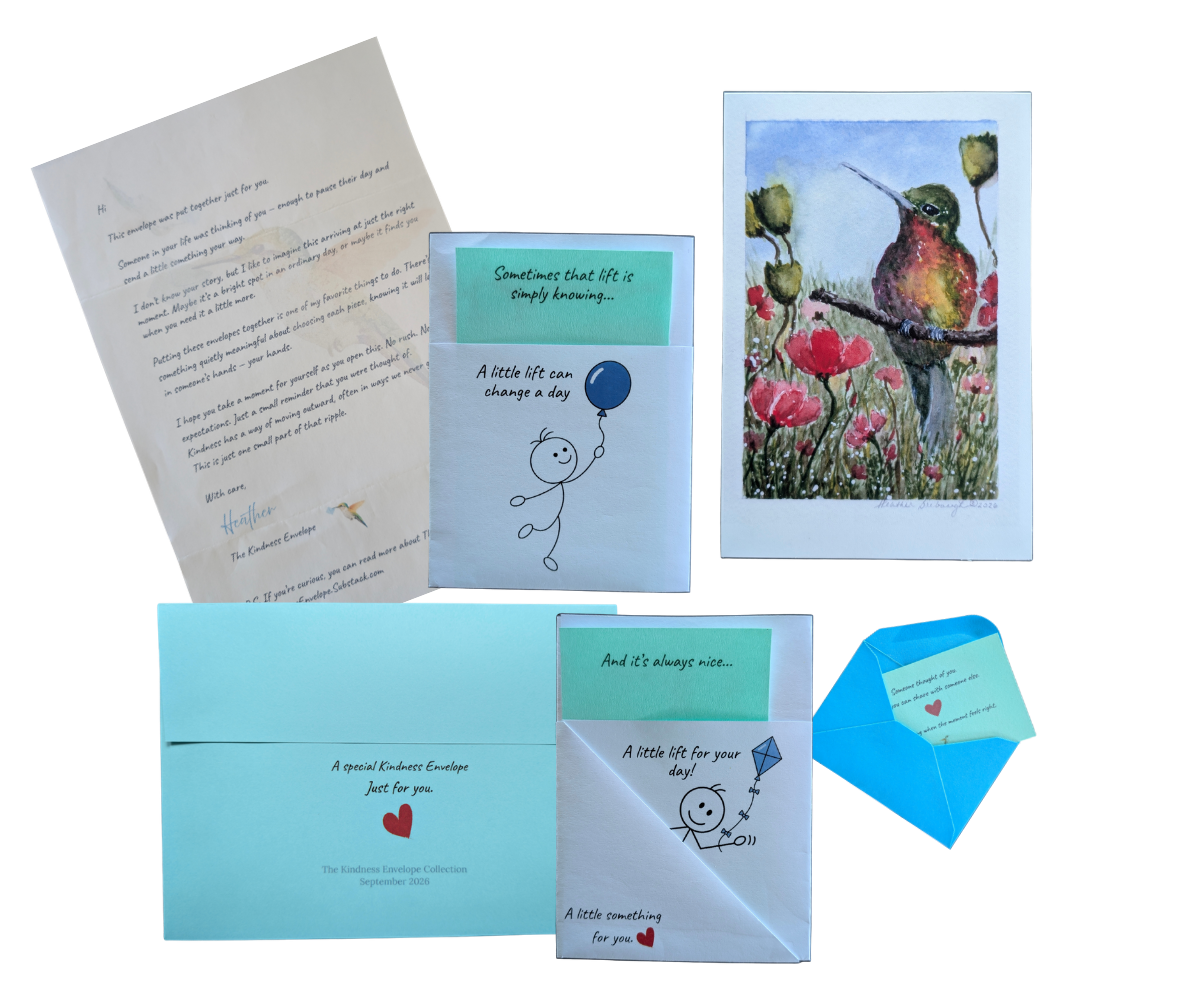 Contents of a Kindness Envelope, including a handmade card, watercolor postcard, personal message, and small inserts.