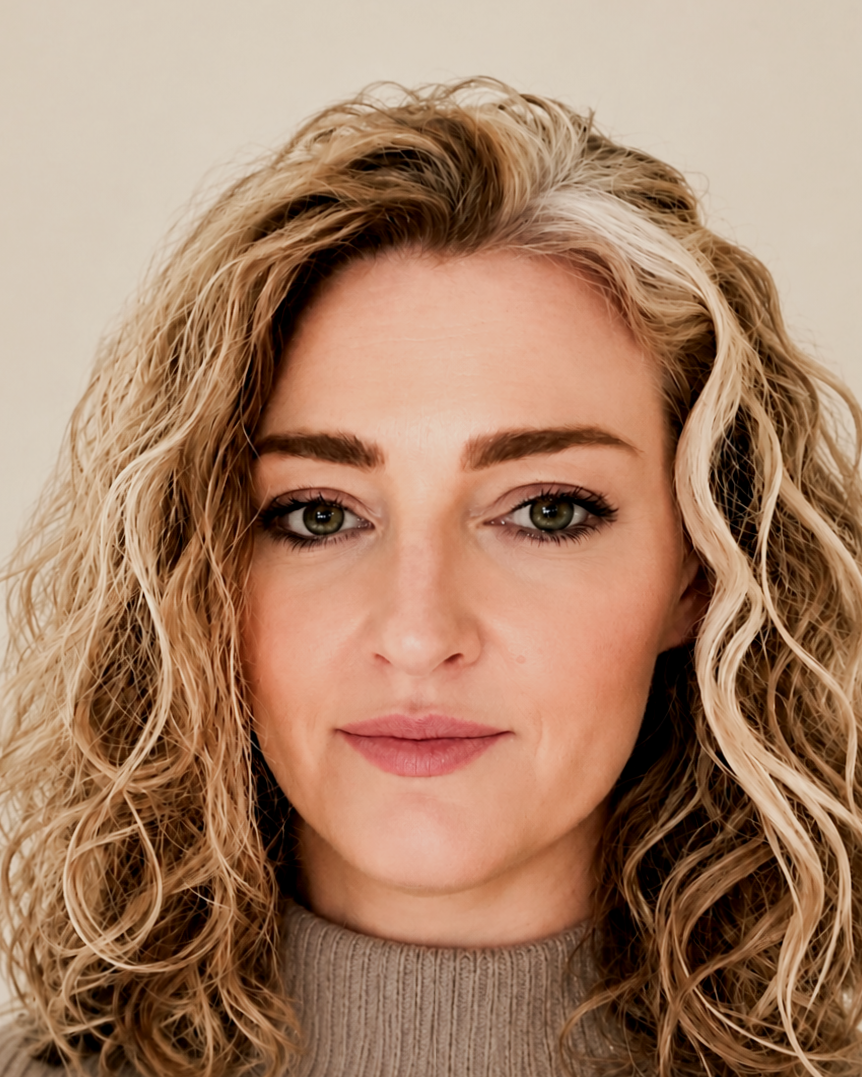 Close-up of a woman with curly blonde hair, fair skin, wearing a beige sweater, looking at the camera with a neutral expression.