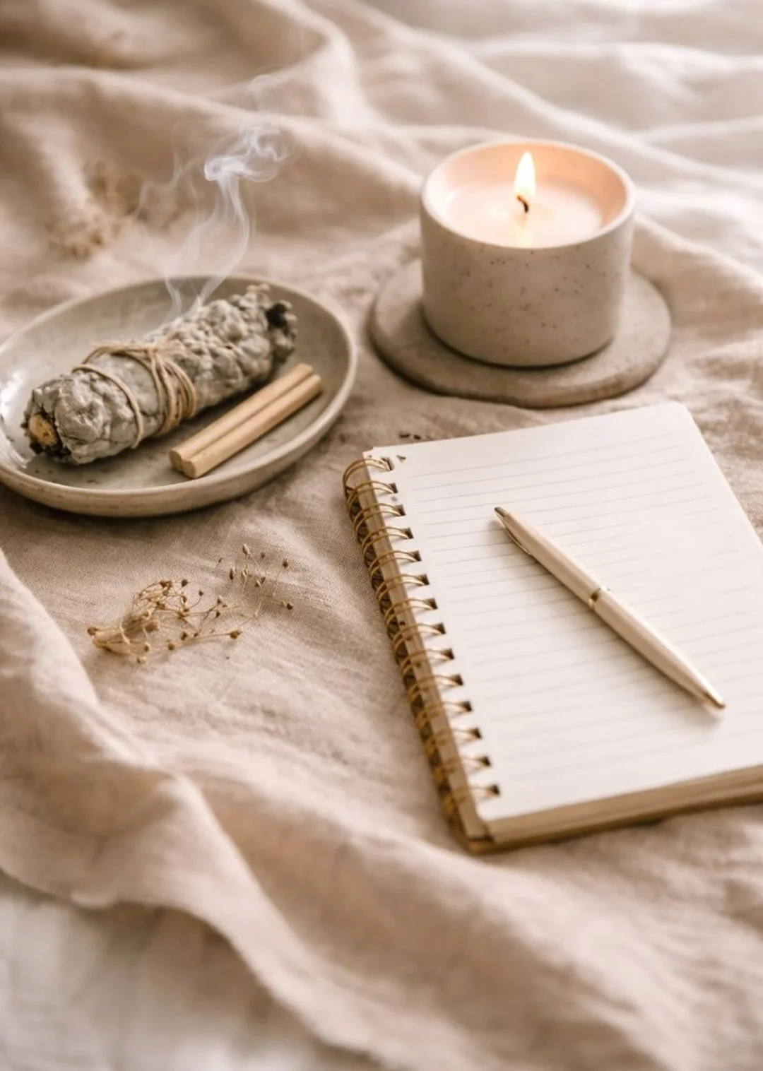 Top view of a cozy flat lay with a lit candle in a speckled white holder, a spiral notebook with a pen, a sage bundle with two sticks on a ceramic dish, and dried flowers on a soft beige fabric background.