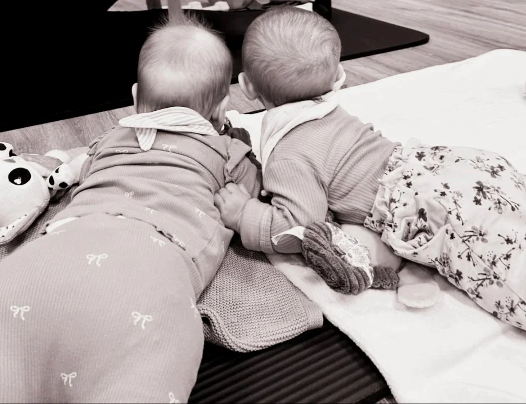 Two babies lying on their stomachs on a bed, facing away, holding hands, with plush toys nearby.