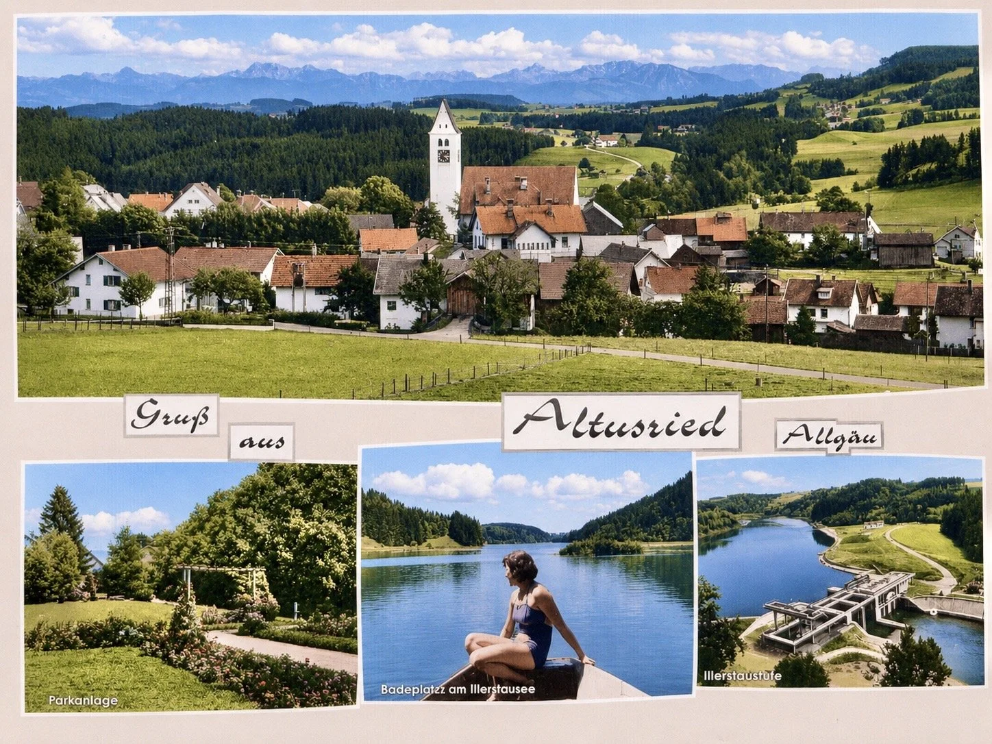 A collage of scenic scenes from a village in Allgäu, Germany, including a picturesque town with a church, a park with flowers, a woman sitting by a lake, and a dam, with text indicating the theme "Group from Allgäu."