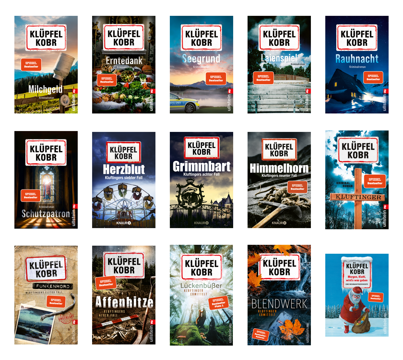 Collection of book covers from the 'Klüpfel Kobr' series, featuring titles like 'Milchgeld,' 'Erntedank,' 'Segrund,' 'Laienspiel,' 'Rauhnacht,' 'Schutzpatron,' 'Herzblut,' 'Grimmbart,' 'Himmelhorn,' 'Kluftinger,' 'Affenhitze,' 'Lückenbüber,' 'Blendwerk,' and a festive holiday cover with a Santa Claus figure.