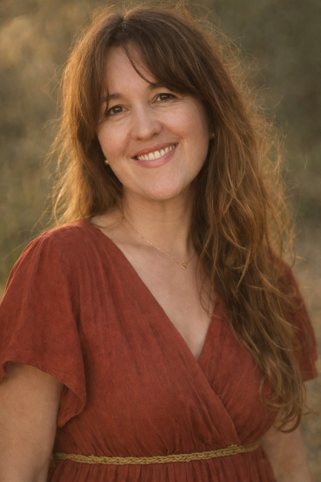 Jeune femme souriante , portant une robe rouge et une petite chaîne en or, posant à l'extérieur au coucher du soleil.