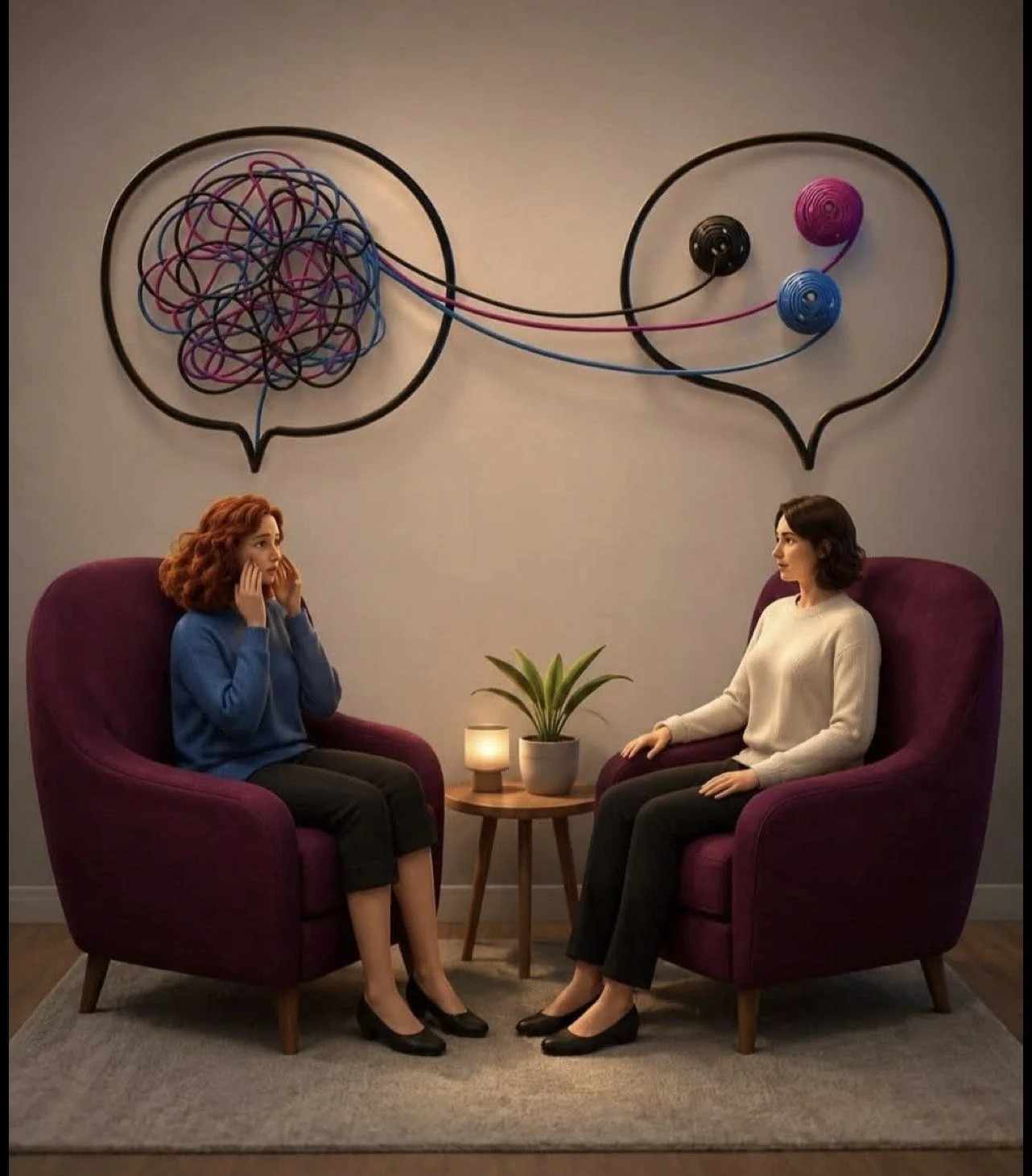 Deux femmes assises dans un salon, discutant, avec un tableau de câbles et balles de laine en décoration derrière elles.