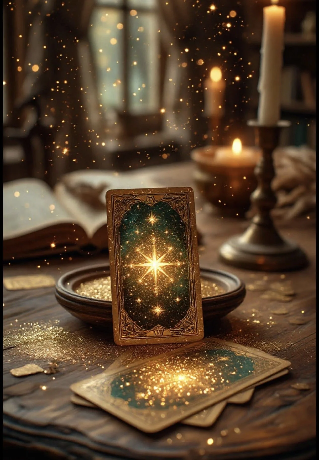 Une carte de tarot représentant une étoile brillante dans un ciel rempli d'étoiles, posée sur une table avec des bougies allumées, livres et poudre d'or, ambiance mystérieuse et magique.