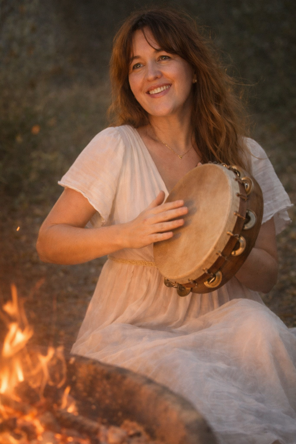 Femme souriante jouant de la tambourin, assise près du feu dans un environnement naturel, portant une robe blanche légère.