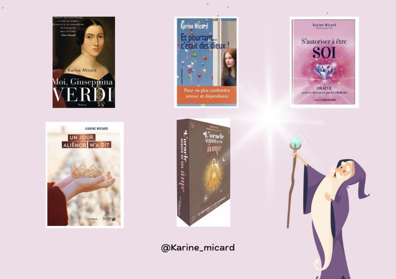 Cinq livres de Karine Micard avec un personnage de sorcier en illustration à droite, sur fond rose clair. Voir détails dans la description.