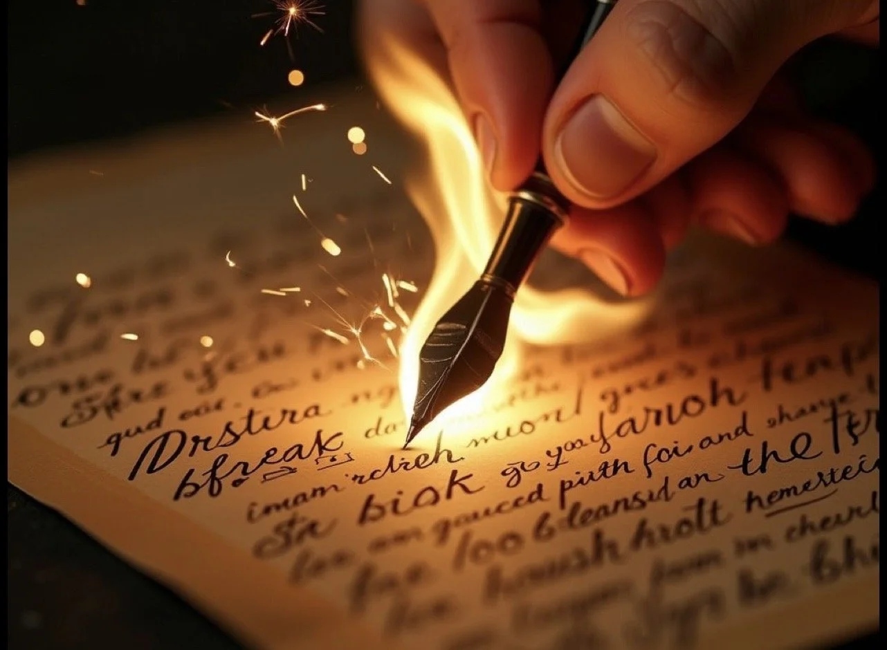 Plume et écriture manuscrite, illustration d’un accompagnement autour de l’endométriose, des émotions et des mémoires.