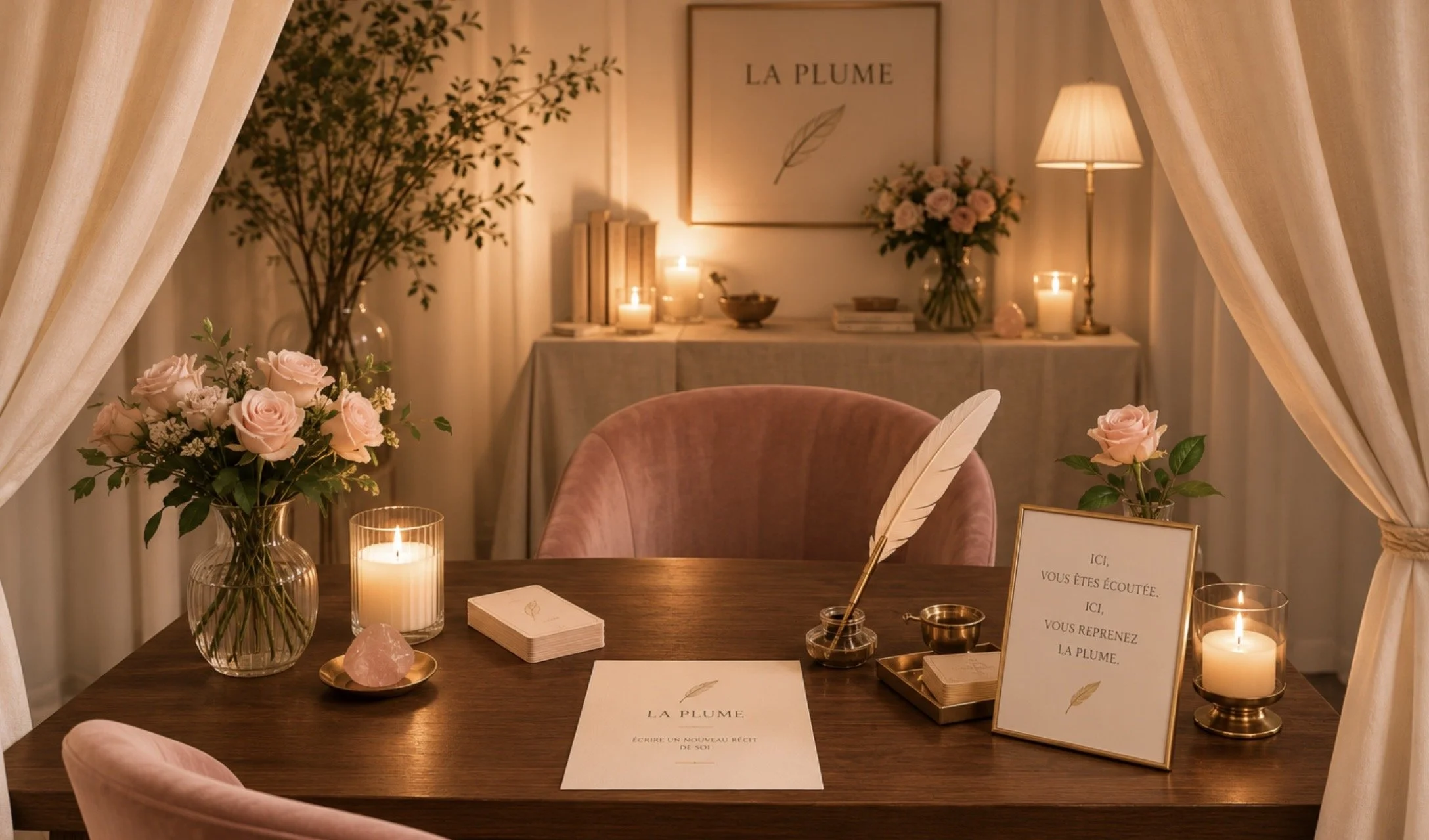 La Plume de Karine Micard, espace intime dédié à l’estime de soi, avec cartes oracle, plume, fleurs et bougies.
