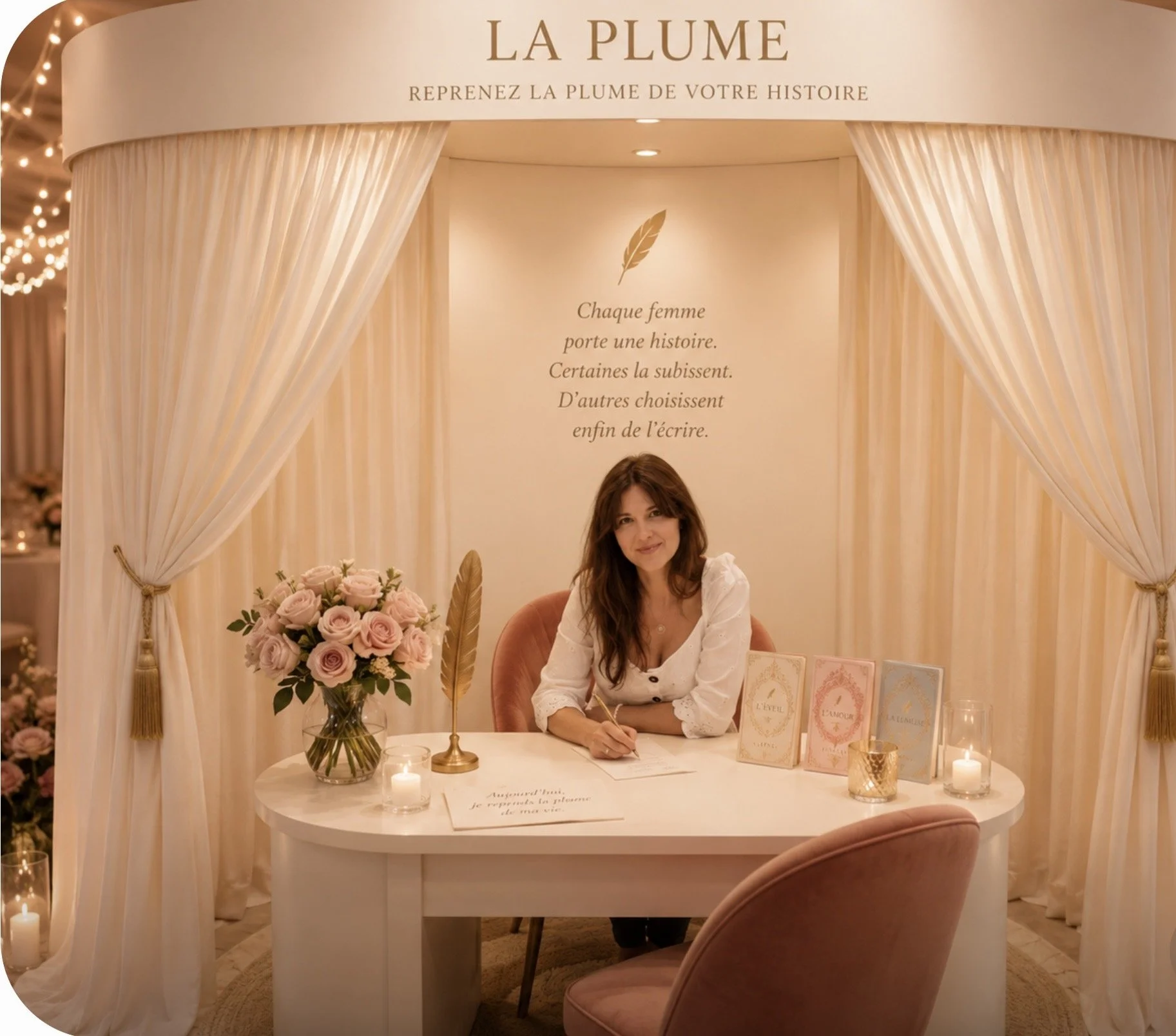Une femme assise à une table décorée avec un bouquet de roses roses, des bougies, des plumes dorées et des livres, signant un livre dans un kiosque blanc avec rideaux crème, sous une enseigne "La Plume" et une citation sur les histoires des femmes.