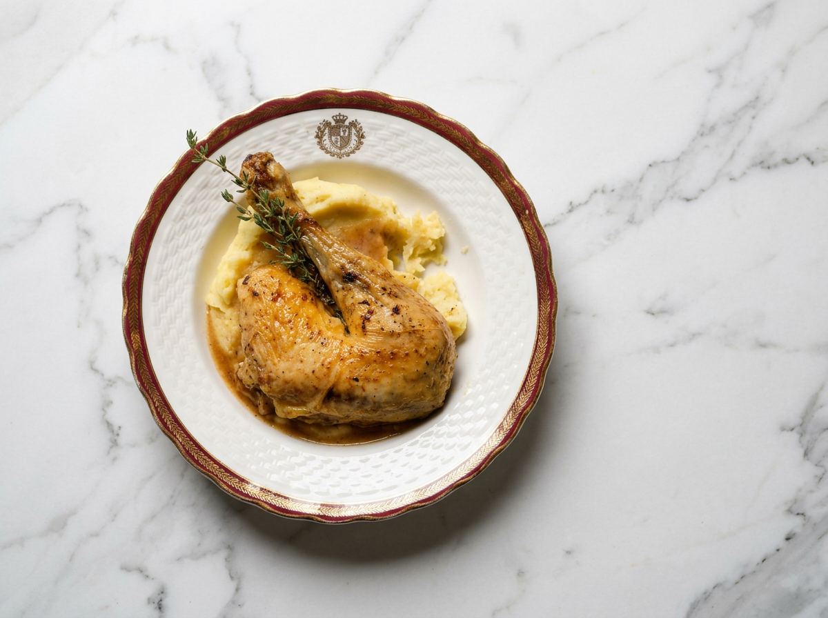 Cuisses de poulet roti avec purée de pommes de terre, garnie de brins de thym, dans une assiette blanche avec un rebord doré et un emblème au centre, sur une surface en marbre blanc.
