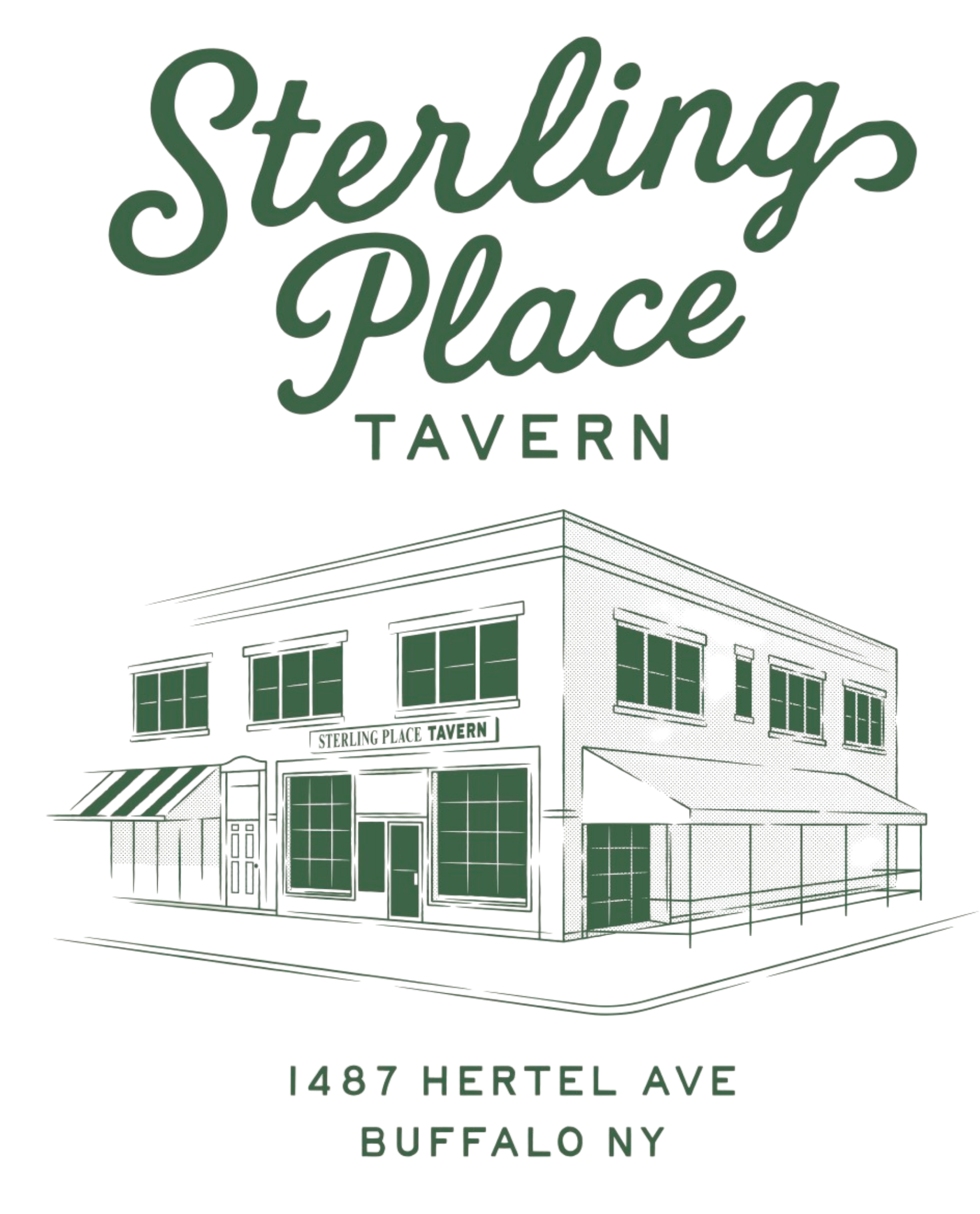 Sign for Sterling Place Tavern in Buffalo, NY, with architectural drawings of the building.
