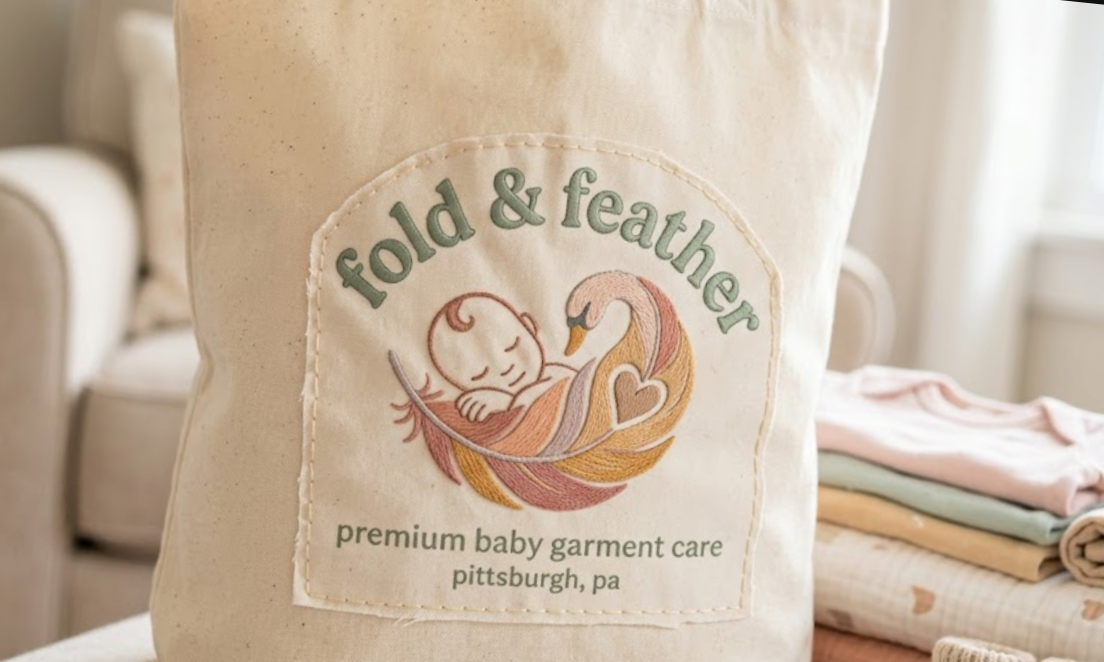 A fabric bag with a logo featuring a sleeping baby wrapped in a swaddle and a swan, with the text "fold & feather" and "premium baby garment care, pittsburgh, pa"