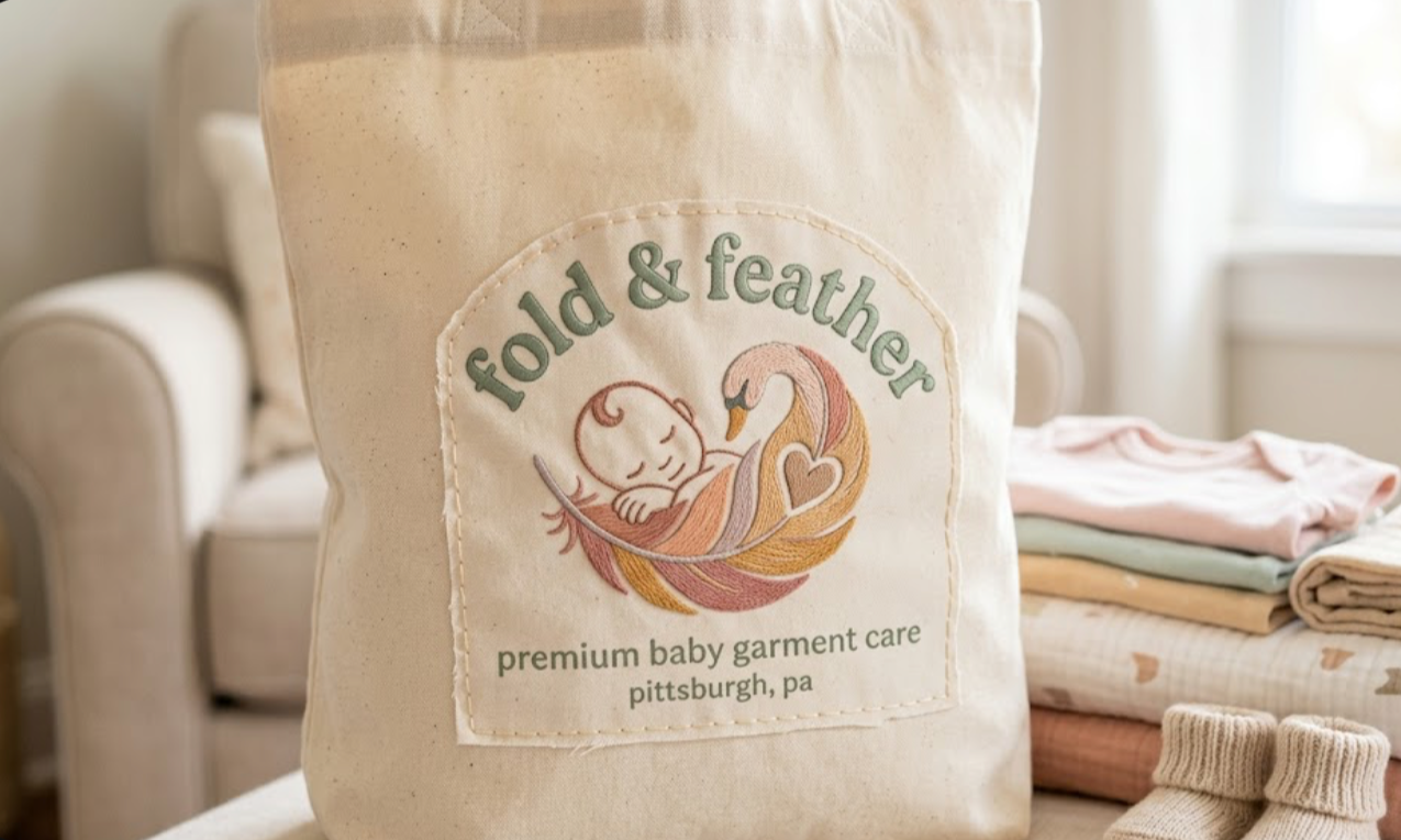 A cloth bag labeled 'fold & feather' with an illustration of a baby sleeping on a feather and a swan, placed on a table with folded baby clothes and socks in the background.