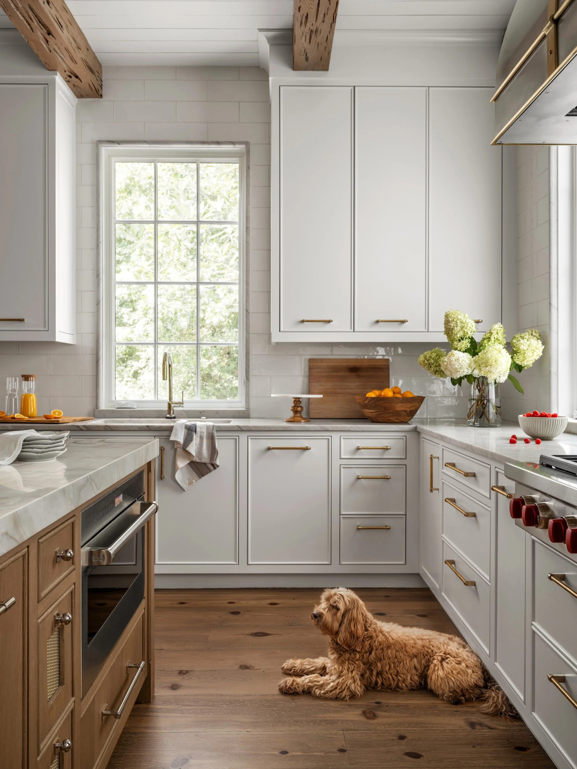 Light-filled kitchen with white cabinetry, a wood island, farmhouse-style windows, and a dog resting on the floor.