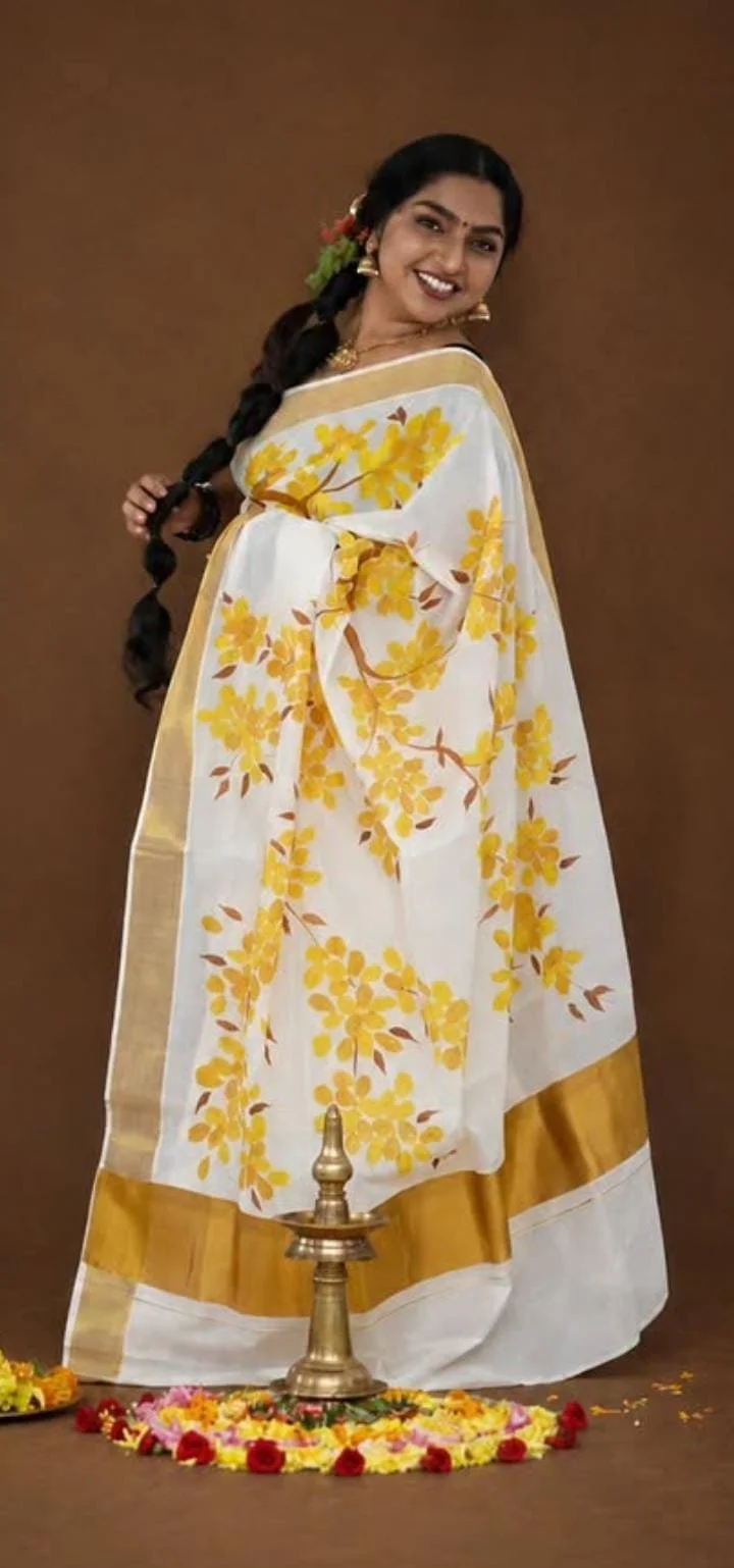 Yellow Button Flowers on Kasavu SAree