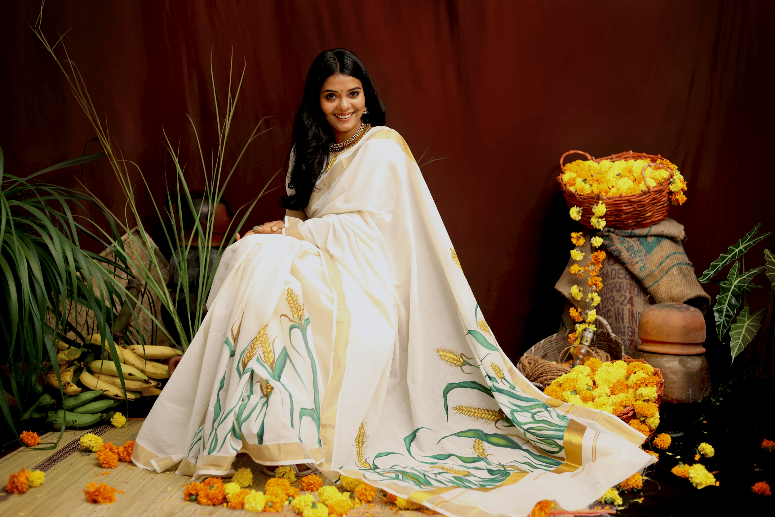 Nelkathir Rice Paddy Kerala Kasavu Handloom Saree