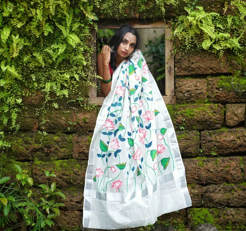 Madhubani Lotus Silver Kara Saree