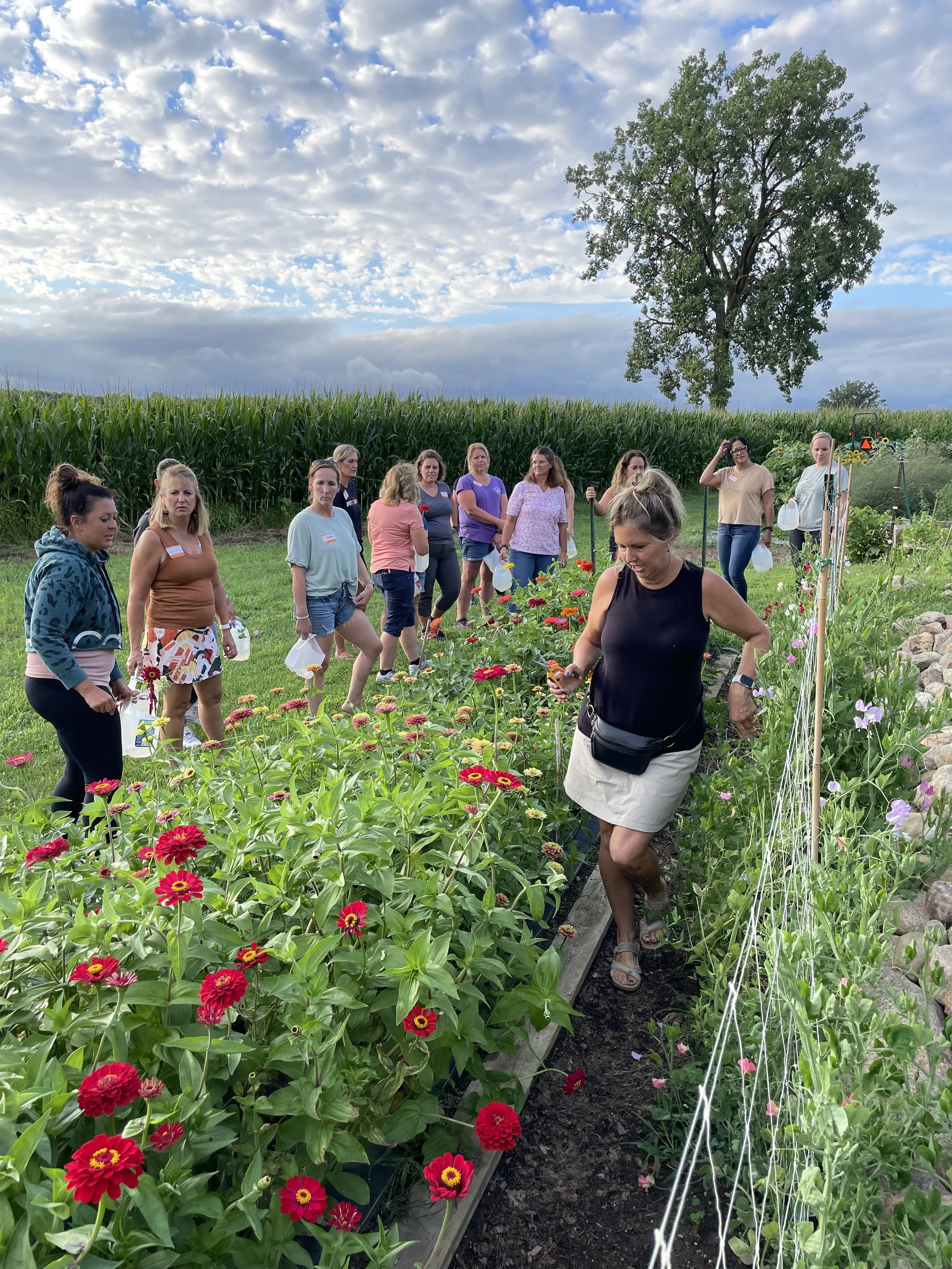A group of women walking through a garden with colorful flowers, a green field of crops, and cloudy sky in the background.