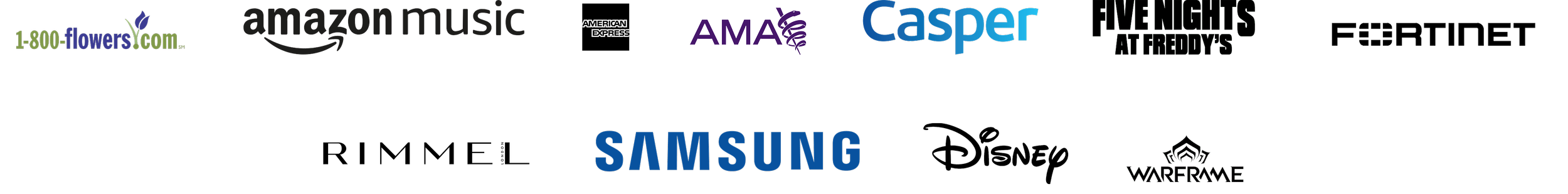 This image displays various logos of well-known brands and companies, including Samsung, Disney, Casper, Amazon, and others, arranged across the top and bottom parts of the image.