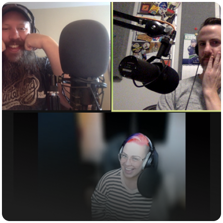 Three people are recording a podcast or radio show, each with a microphone and headphones. They are in separate frames, suggesting a virtual meeting.
