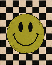 Green smiley face with black eyes and mouth on a black and white checkered background