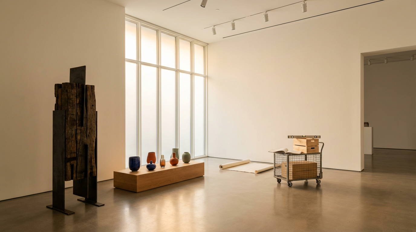 Empty art gallery with a wooden sculpture, a variety of vases on a wooden pedestal, large windows, and art supplies on a rolling cart.