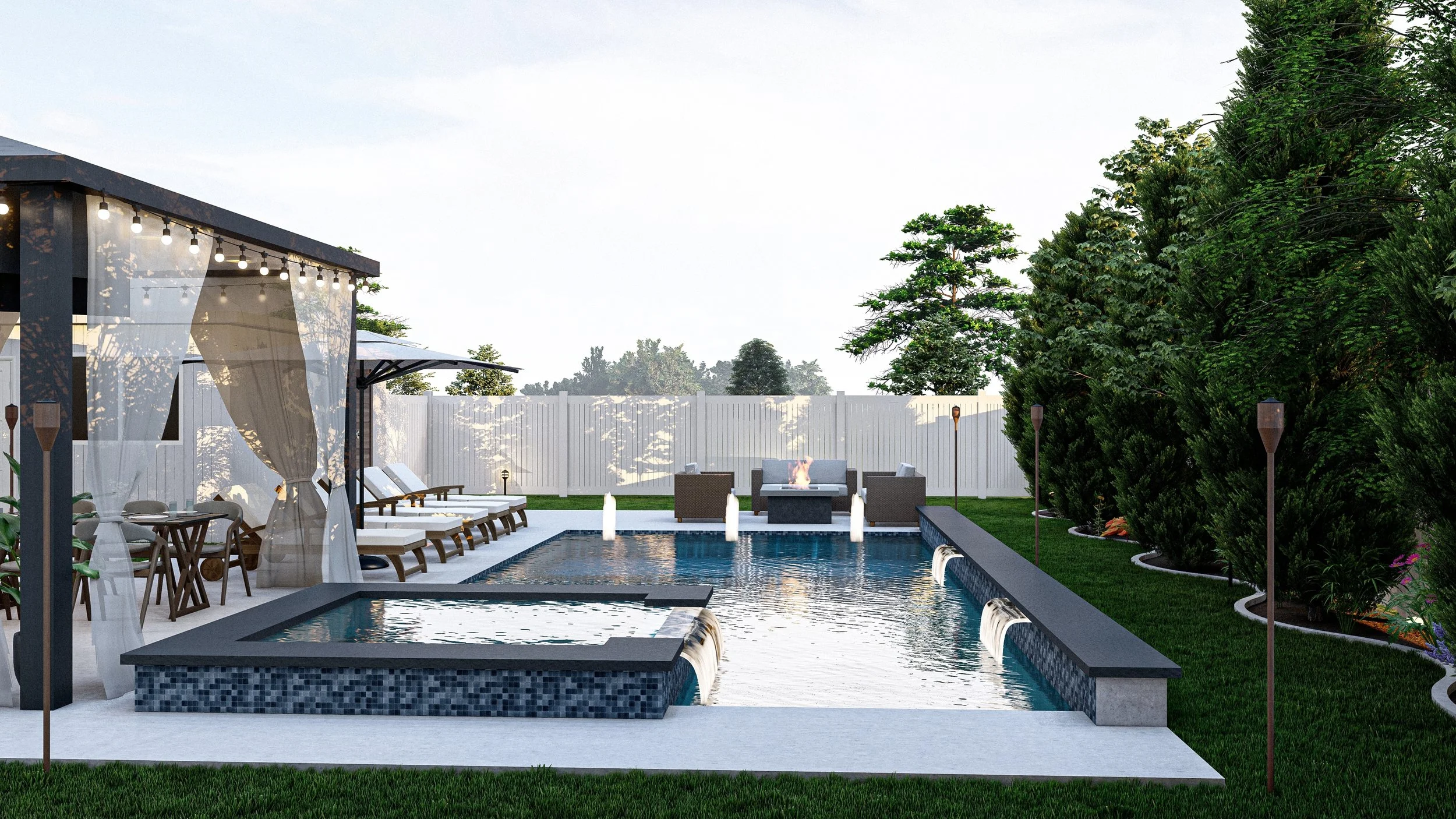 Residential swimming pool and outdoor living area with patio, fire pit and landscaping.