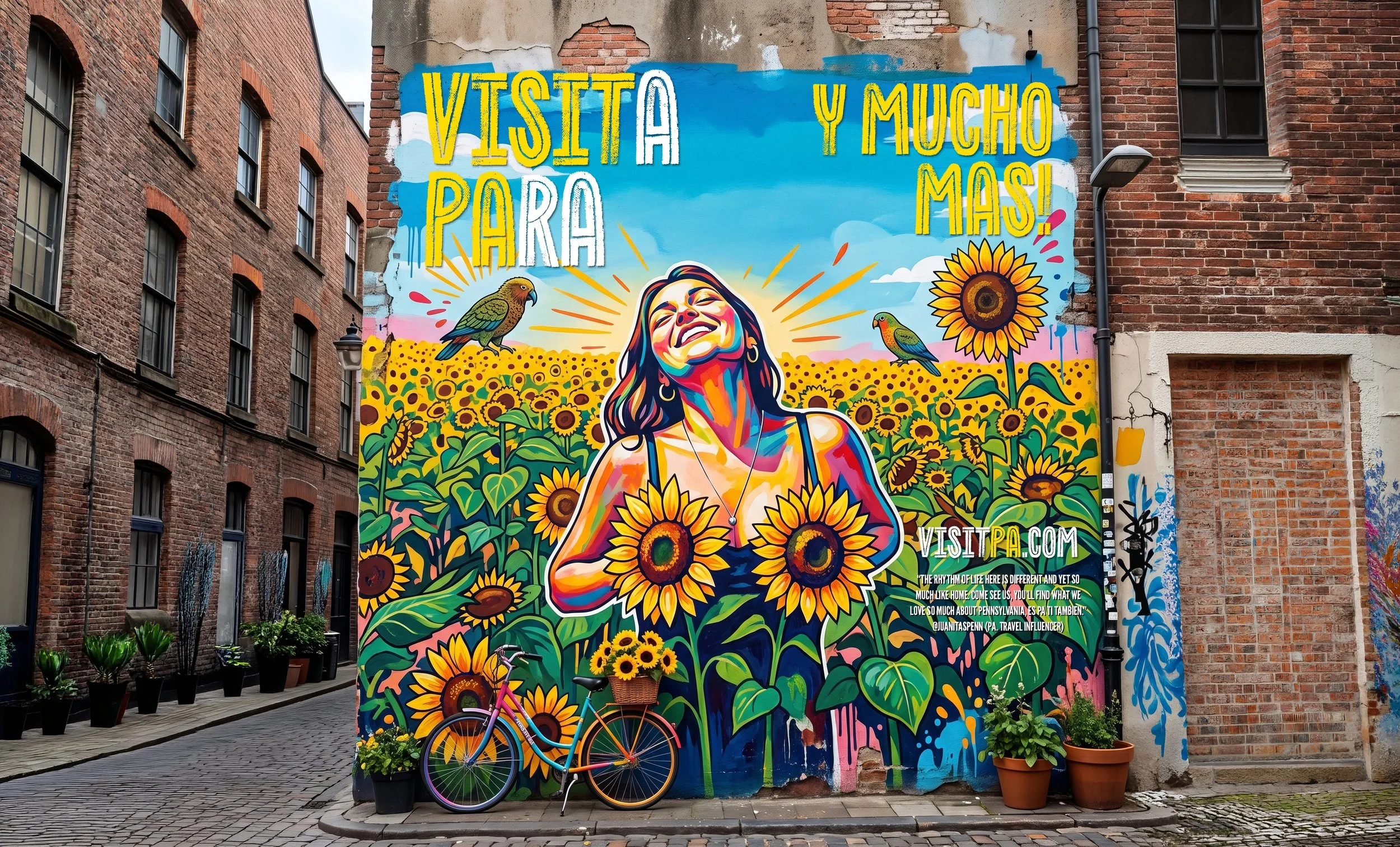 Colorful mural on a brick wall promotes visiting Pennsylvania, featuring a smiling woman with long hair surrounded by sunflowers, birds, and a bright blue sky. Bicycles and potted plants are in front of the mural.