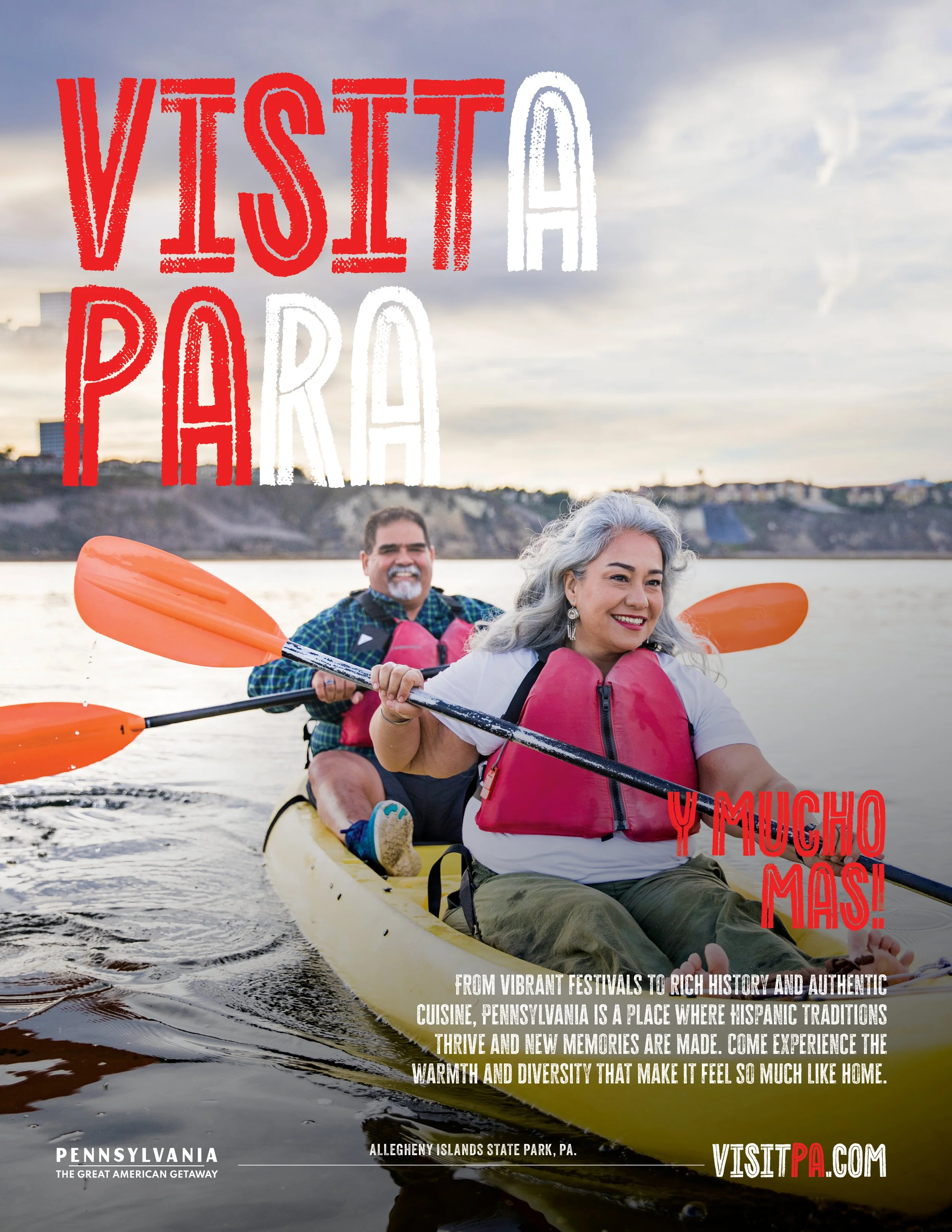 A group of four people, two women and two men, enjoying kayaking on a river near Pennsylvania. They are smiling and wearing life jackets, with the background showing a scenic landscape with water and distant hills under a cloudy sky. Overlaid text pr