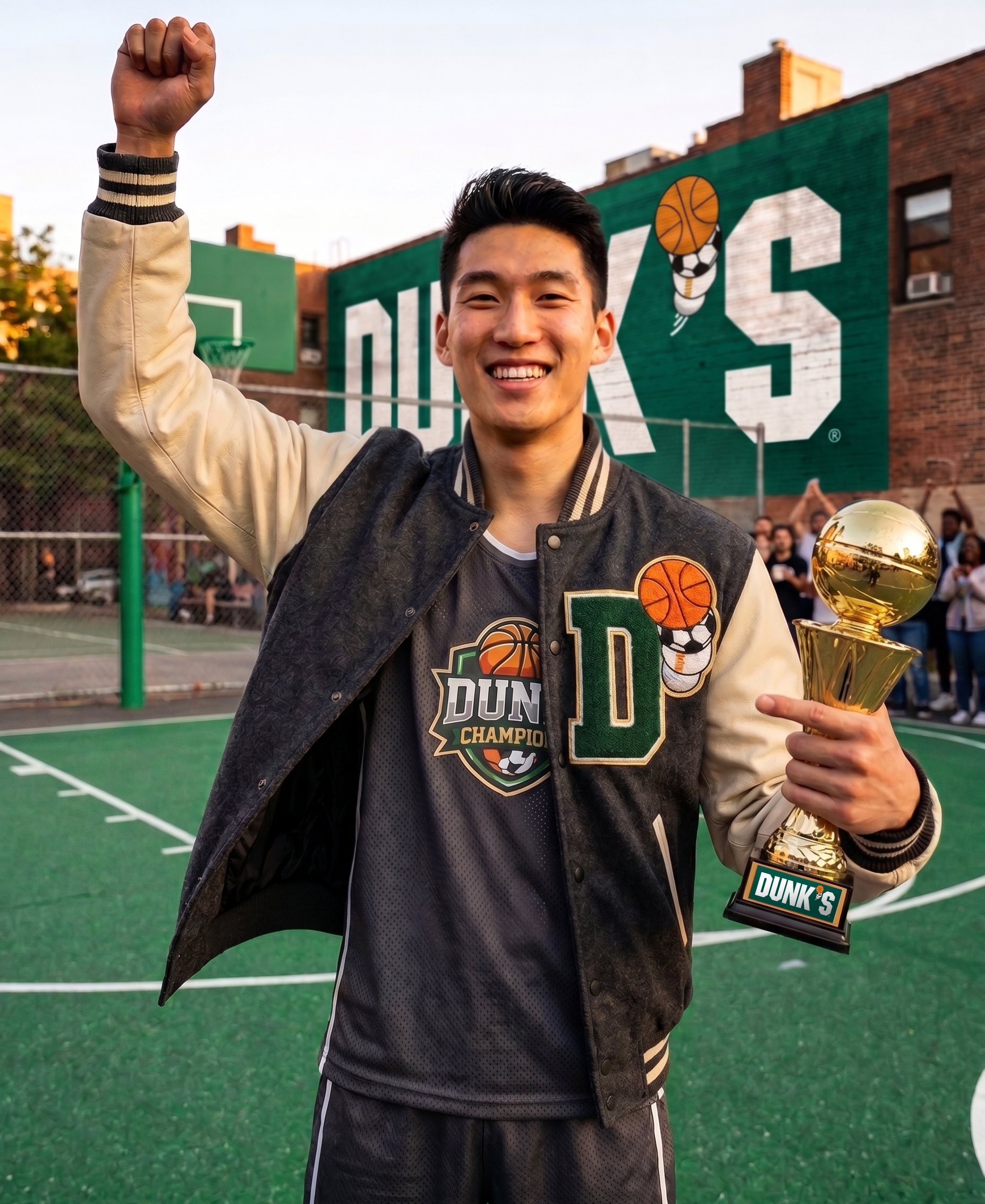 Young man smiling with a raised fist, holding a trophy, wearing a jacket with sports patches, standing on an outdoor basketball court with a mural and a crowd in the background.