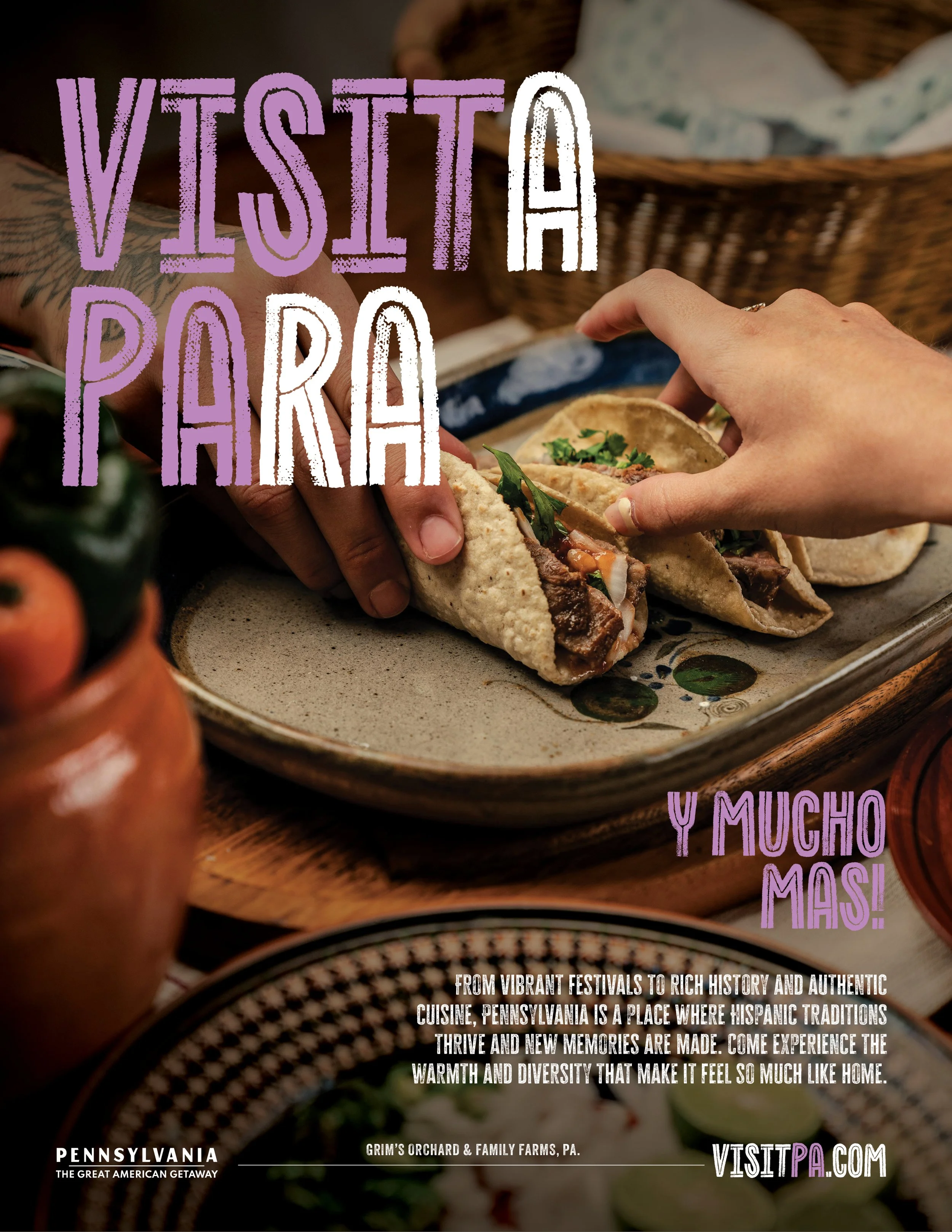 Close-up of people enjoying tacos, with text overlay about visiting Pennsylvania and its rich Hispanic traditions, and information about Pennsylvanian farms and the website visitpa.com.