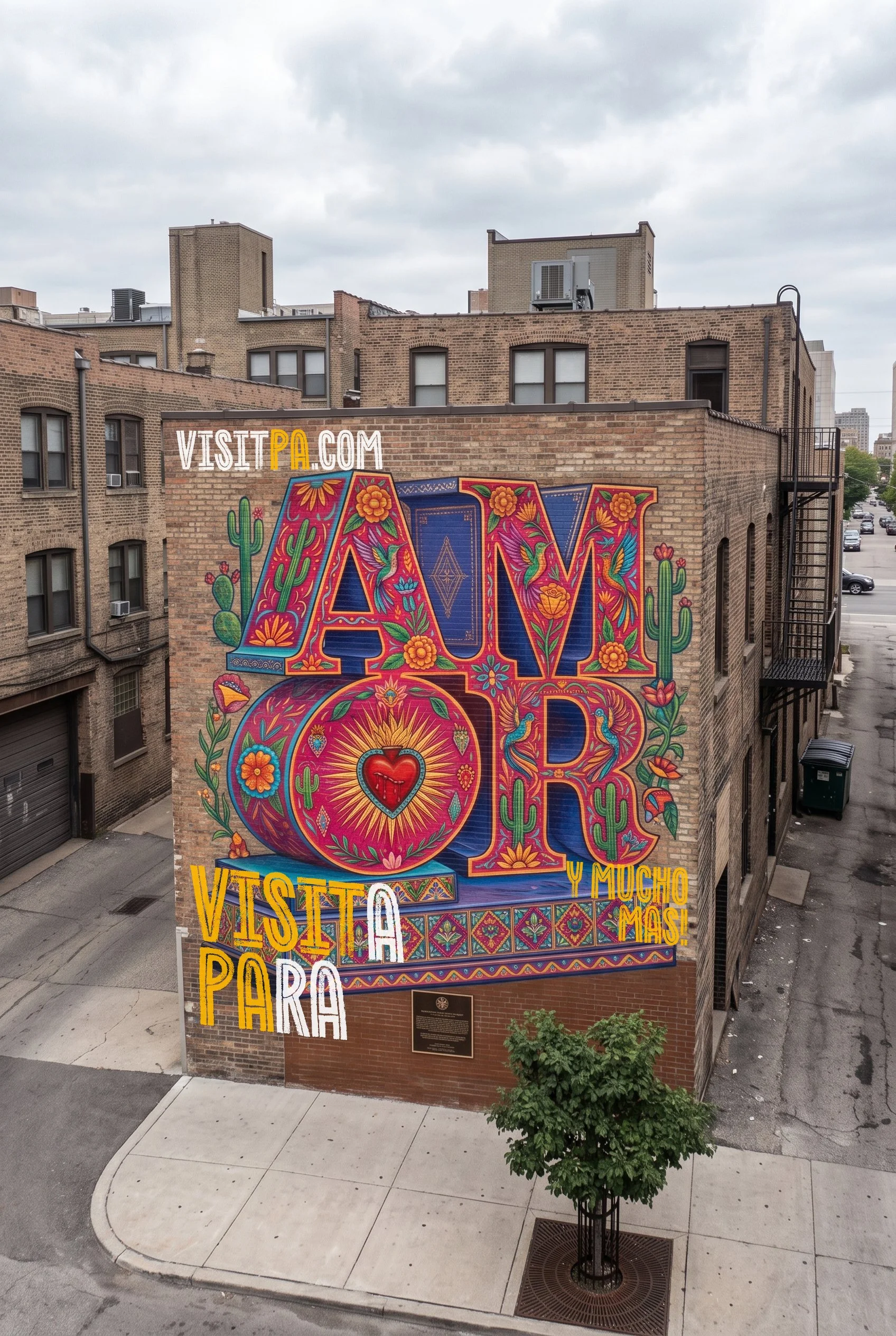 A mural on the side of a brick building features colorful, intricate designs including flowers, cacti, and birds, with the words 'Visit PA.com' at the top and bottom, and large block letters spelling 'PA' in the center.