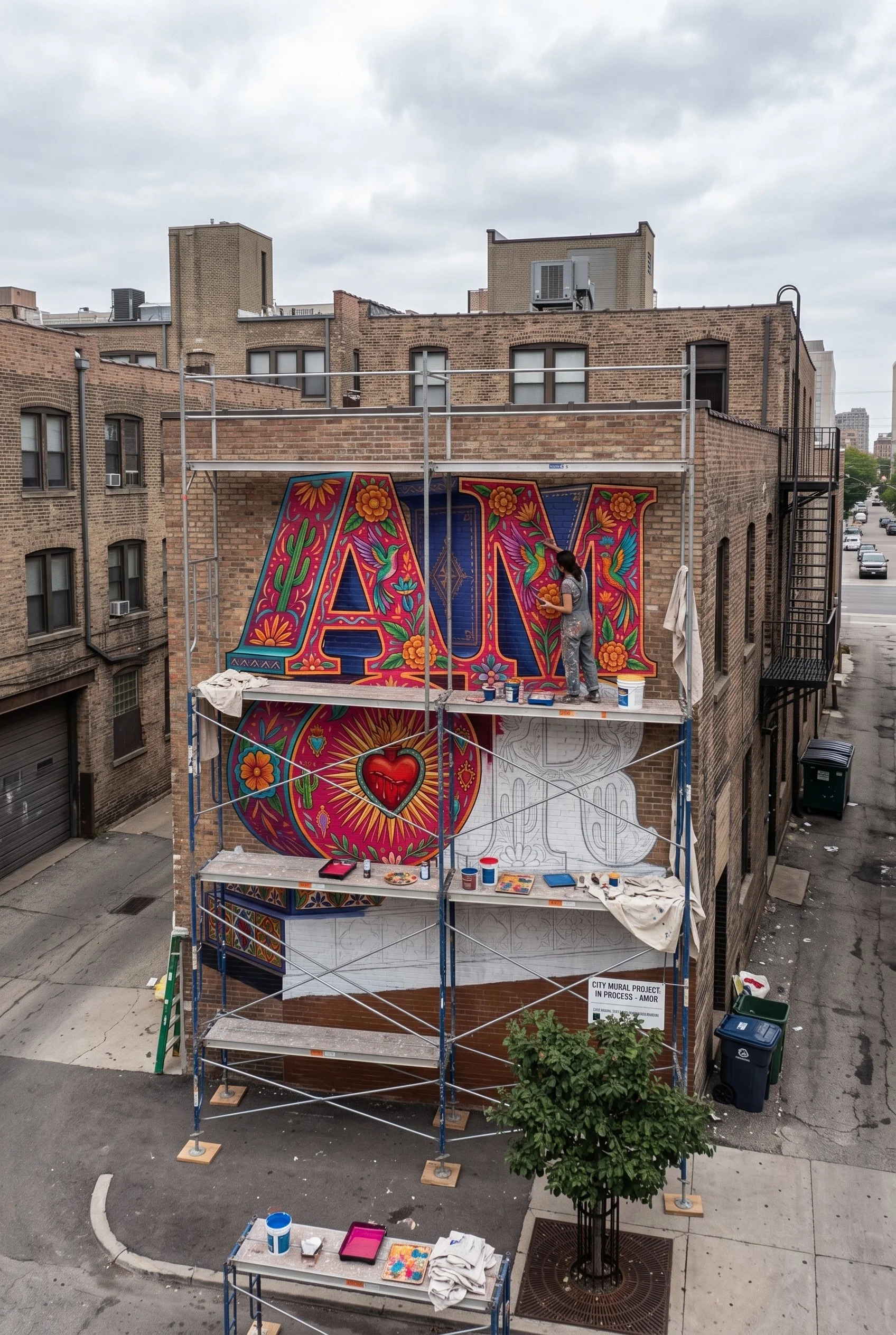 A woman working on a colorful mural painting of a large heart with floral and decorative designs on the side of a brick building. Scaffolding surrounds her, and there are art supplies on nearby tables.