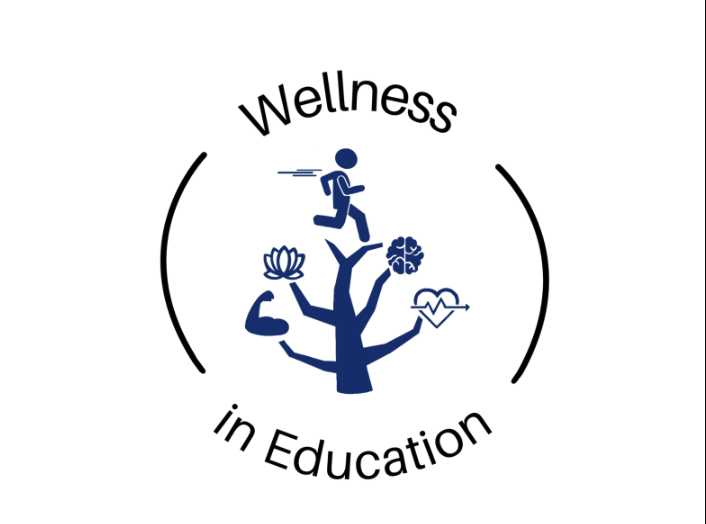 Logo for Wellness in Education featuring a blue tree with a running figure, a lotus flower, a brain, and a heart rate symbol.