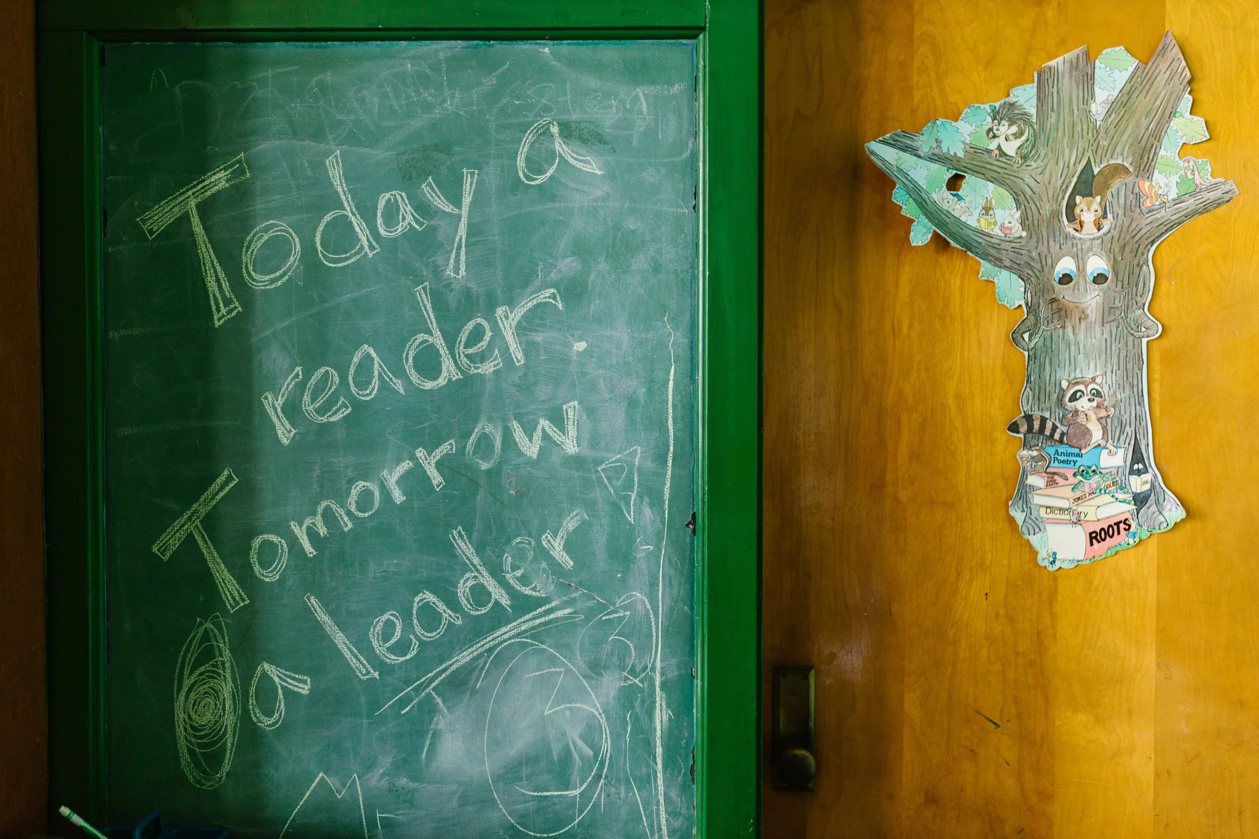 A chalkboard with the words 'Today a reader' written on it in white chalk, and a colorful paper cutout of a tree with animals and a stack of books labeled 'ROOTS' attached to the wall on the right.