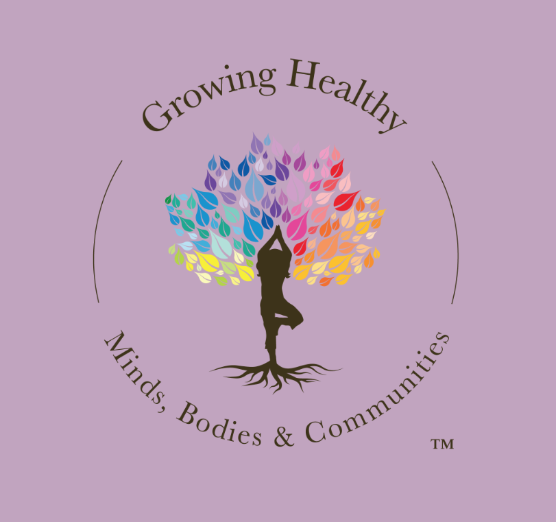 A logo with a person practicing yoga in tree pose inside a tree with multicolored leaves. The text "Growing Healthy" is above the tree and "Minds, Bodies & Communities" is below, all on a purple background.