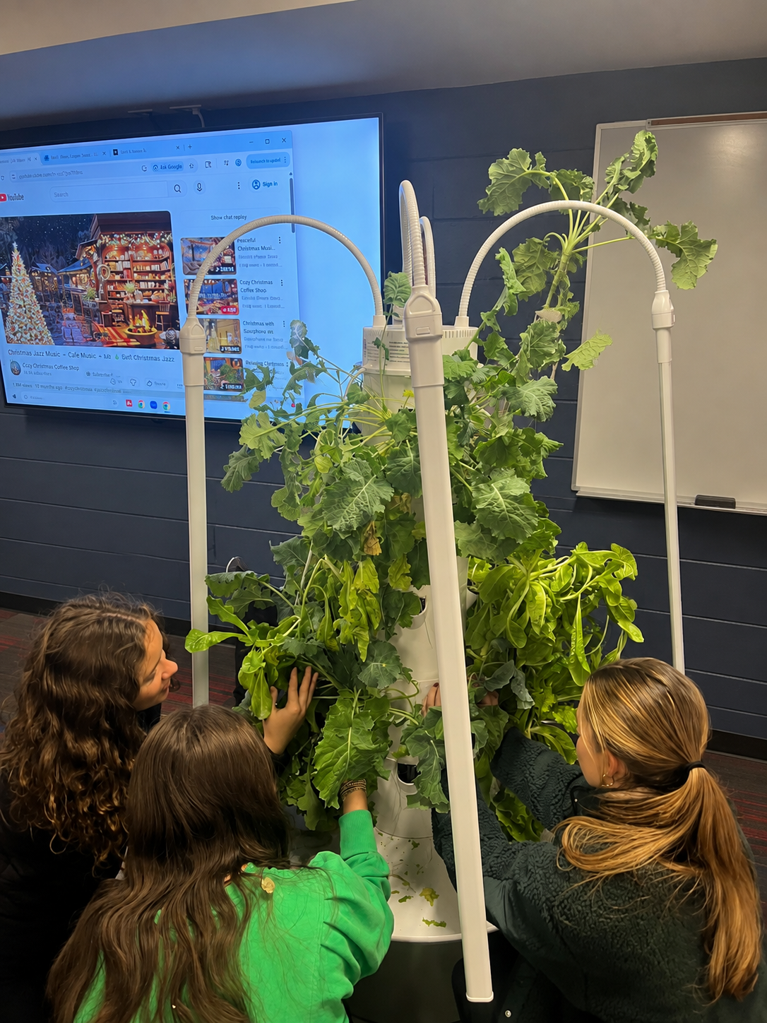 Three children working together on a plant grow tower with green leafy plants, indoors in front of a large screen displaying a YouTube video.