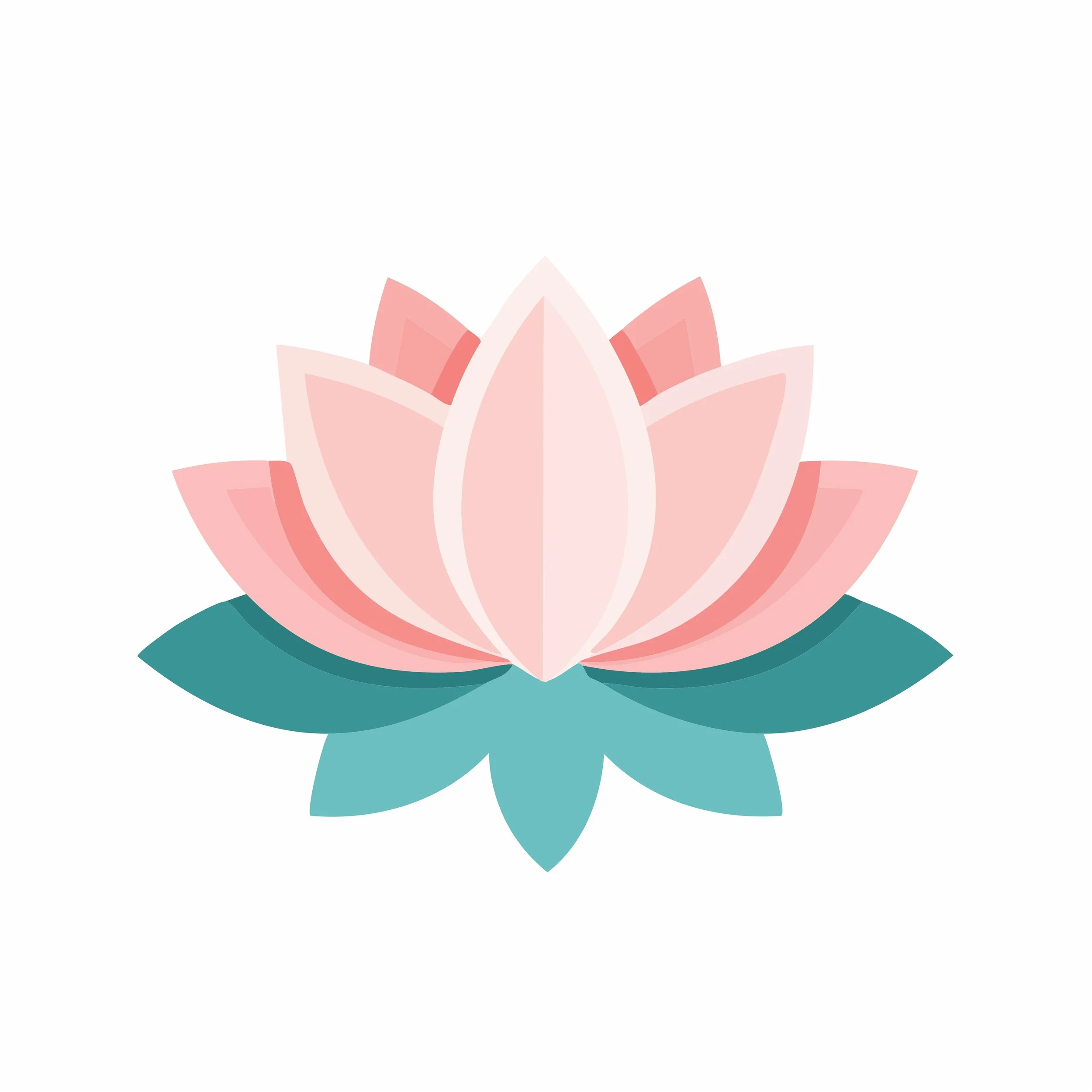 A stylized pink lotus flower with green leaves at the bottom against a light background.