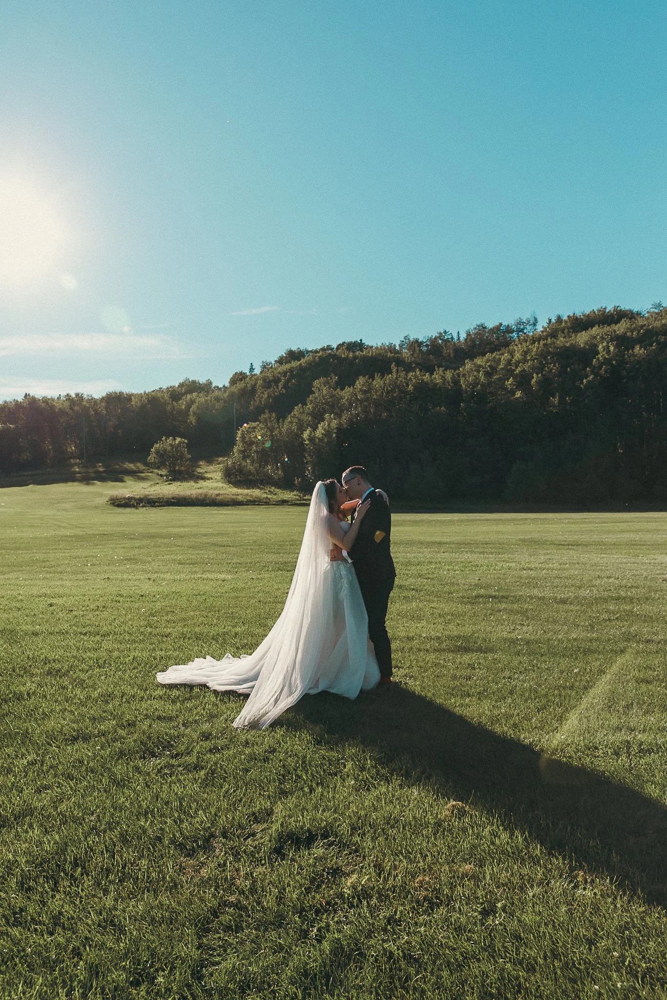 A bride and groom sharing a kiss outdoors on a sunny day, with the bride wearing a long white wedding gown with a train and veil, and the groom in a black suit, against a background of green hills and a clear blue sky.