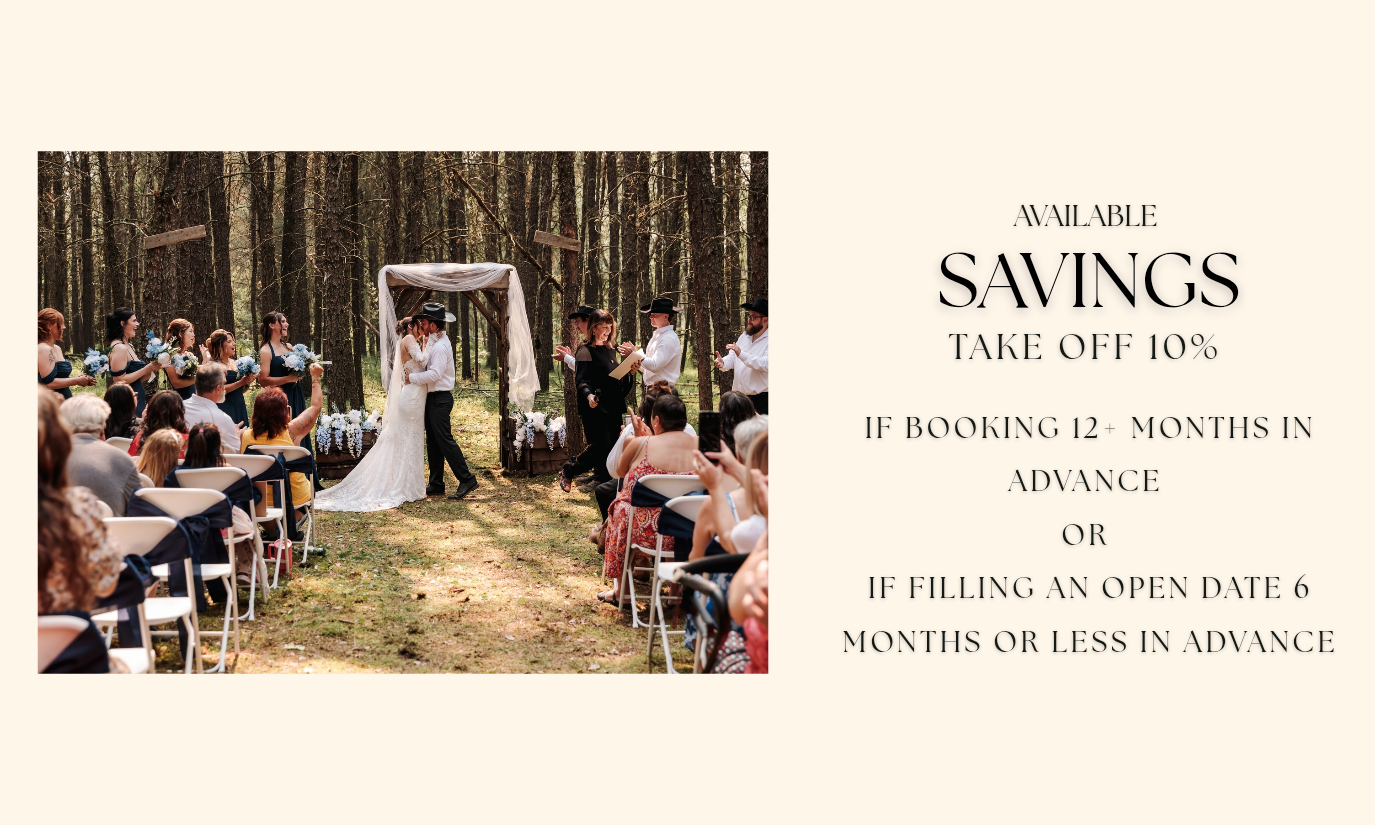 Wedding ceremony in a forest with couples exchanging vows and guests seated on chairs, advertising discounts for booking in advance.