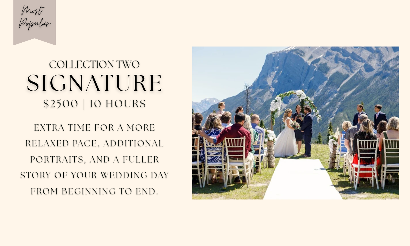 Wedding ceremony outside with mountains in the background, with guests seated on either side of a white aisle, and the bride and groom exchanging vows under a floral arch.